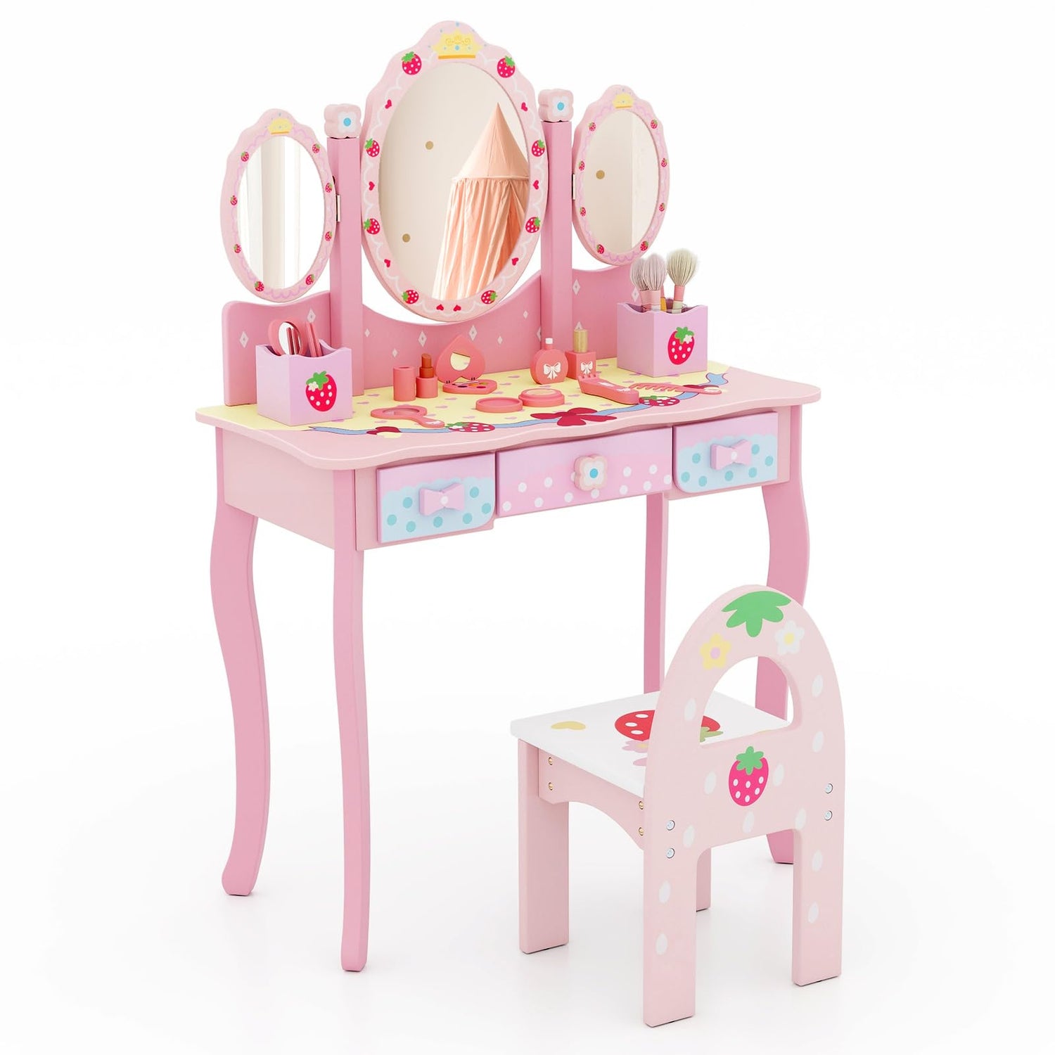 GYMAX Kids Vanity Table and Chair Set Wooden Dressing Tables with 3 Mirror