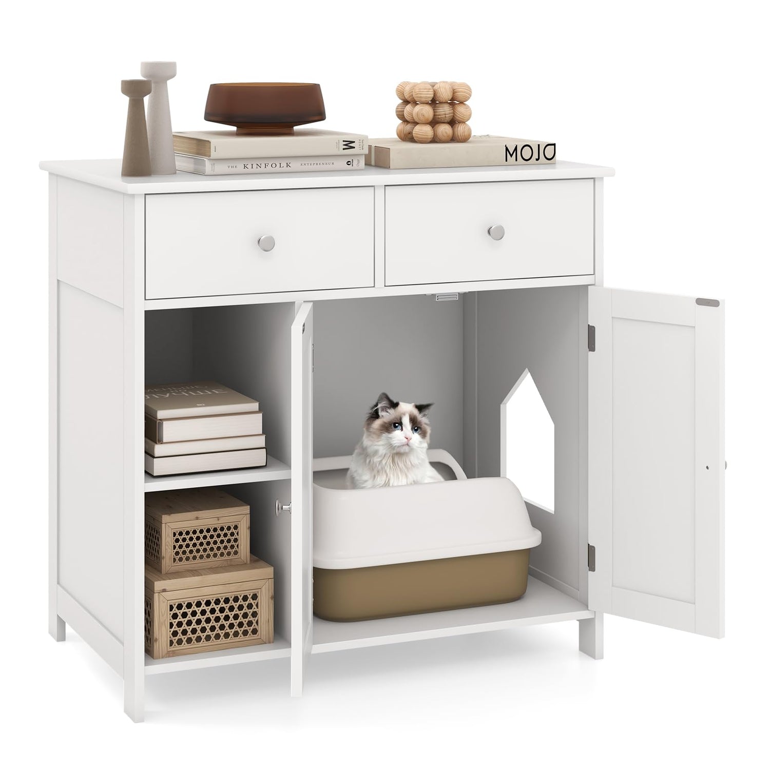 GYMAX Cat Litter Box Enclosure, Wooden Pet Cabinet Furniture with Hidden Cat Washroom and 2 Drawers