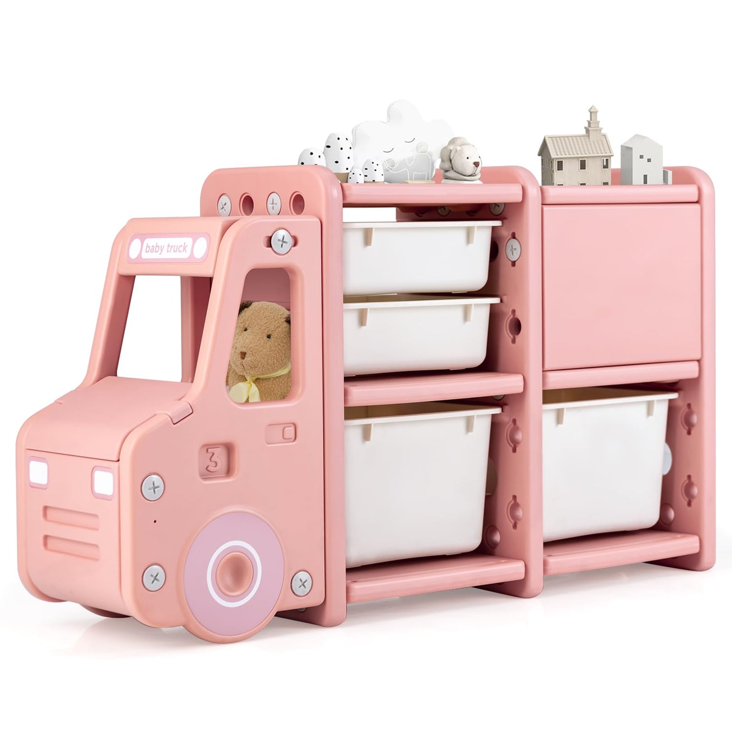 GYMAX Kids Storage Unit, Toddler Toy Organizer with Large Bins ( Car Shape: 112 x 35 x 66 cm)