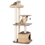 GYMAX Cat Tree, Modern Cat Tower with Sisal Scratching Posts, Perch, Dangling Ball, Hand-Made Wicker Cat Condo
