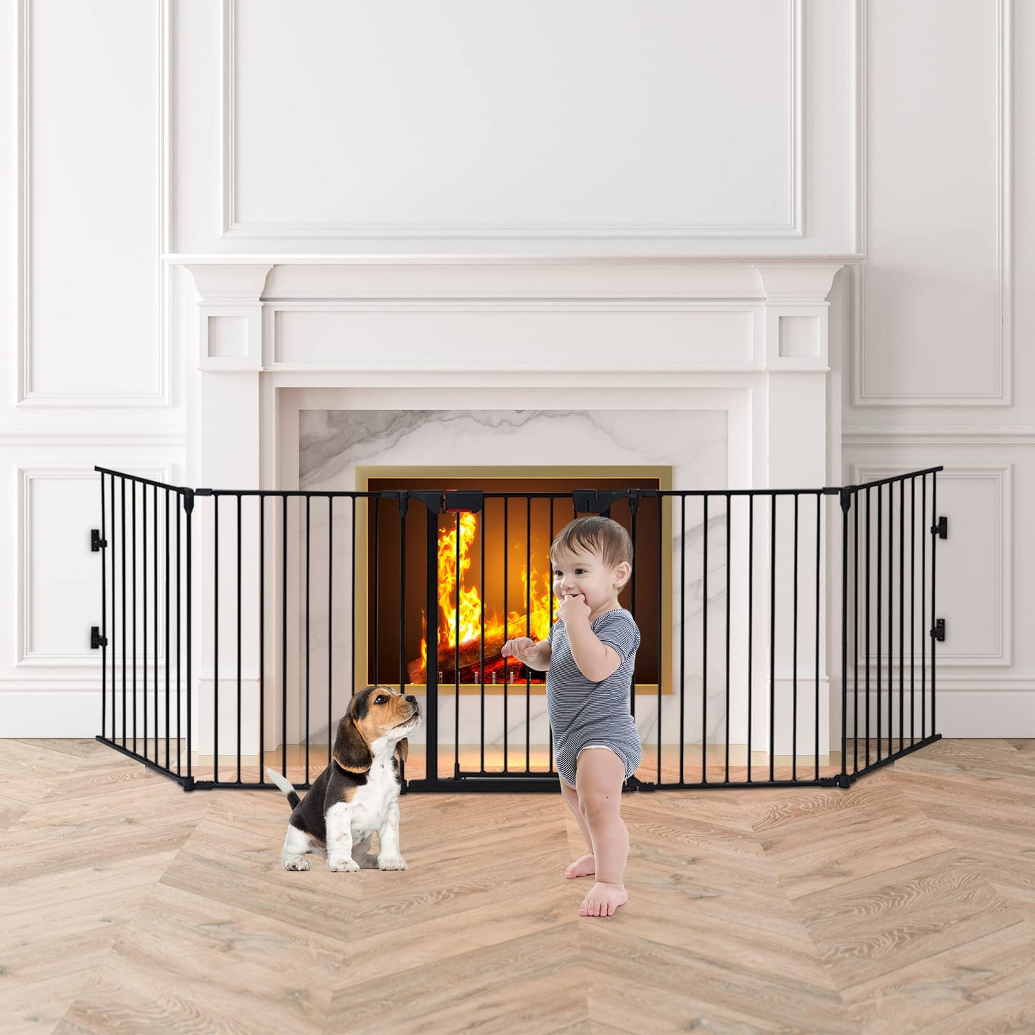 GYMAX 5 Panel Safety Gate Fireplace Barrier Hearth Gate with Walk-Through Door