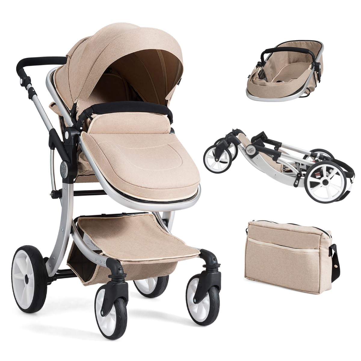 GYMAX Baby Stroller, Foldable Toddler Pushchair with Rain Cover, Mosquito Net, Storage Bag