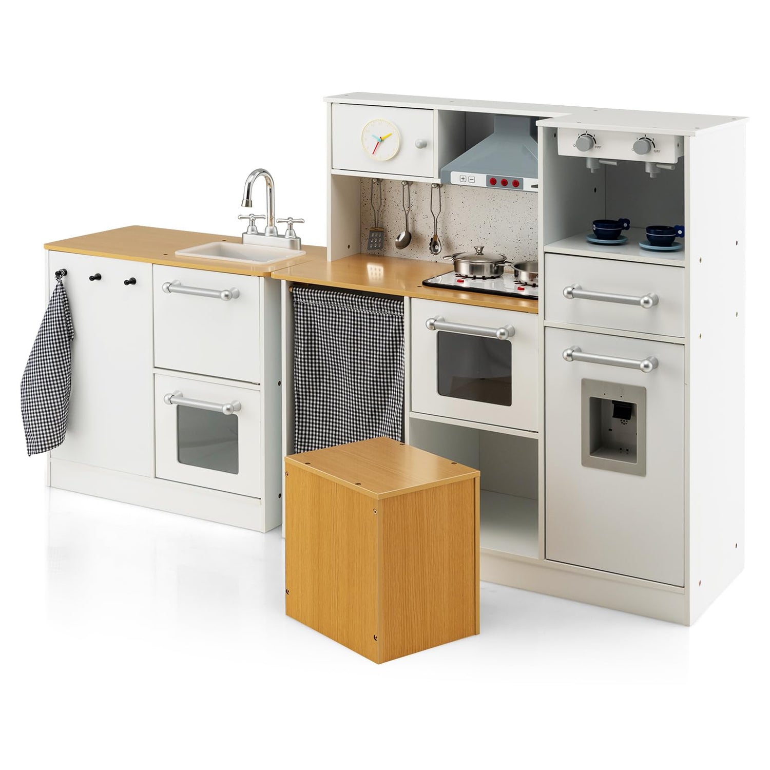GYMAX Kids Play Kitchen, Wooden Corner Toy Kitchen with Washing Machine, Range Hood