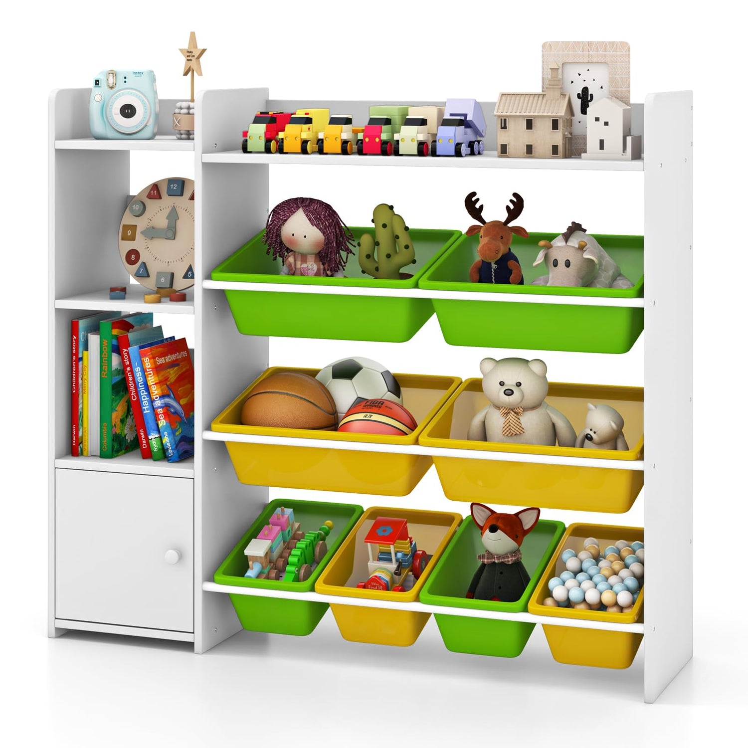 GYMAX Toy Storage Organizer, 4 Tiers Kids Bookshelf and Toy Storage Unit with 8 Bins