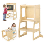 GYMAX Kids Step Stool, 3-in-1 Wooden Kitchen Helper Stand with Chalkboard