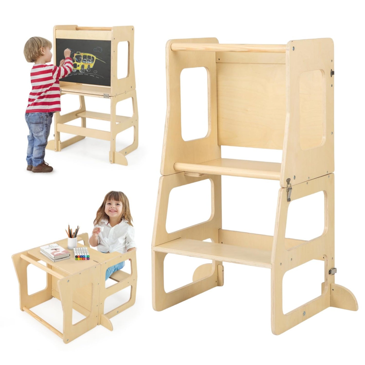 GYMAX Kids Step Stool, 3-in-1 Wooden Kitchen Helper Stand with Chalkboard