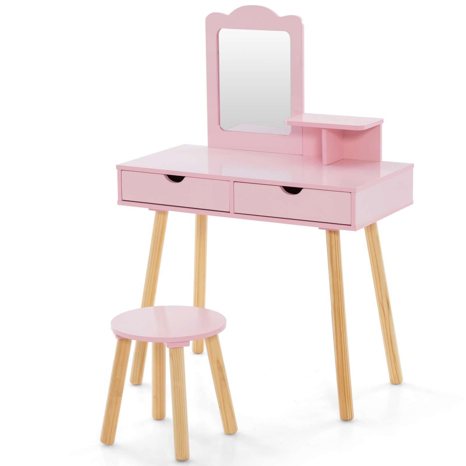 GYMAX Kids Vanity Table and Stool Set, Wooden Children Dressing Table with 2 Drawers and Storage Shelf