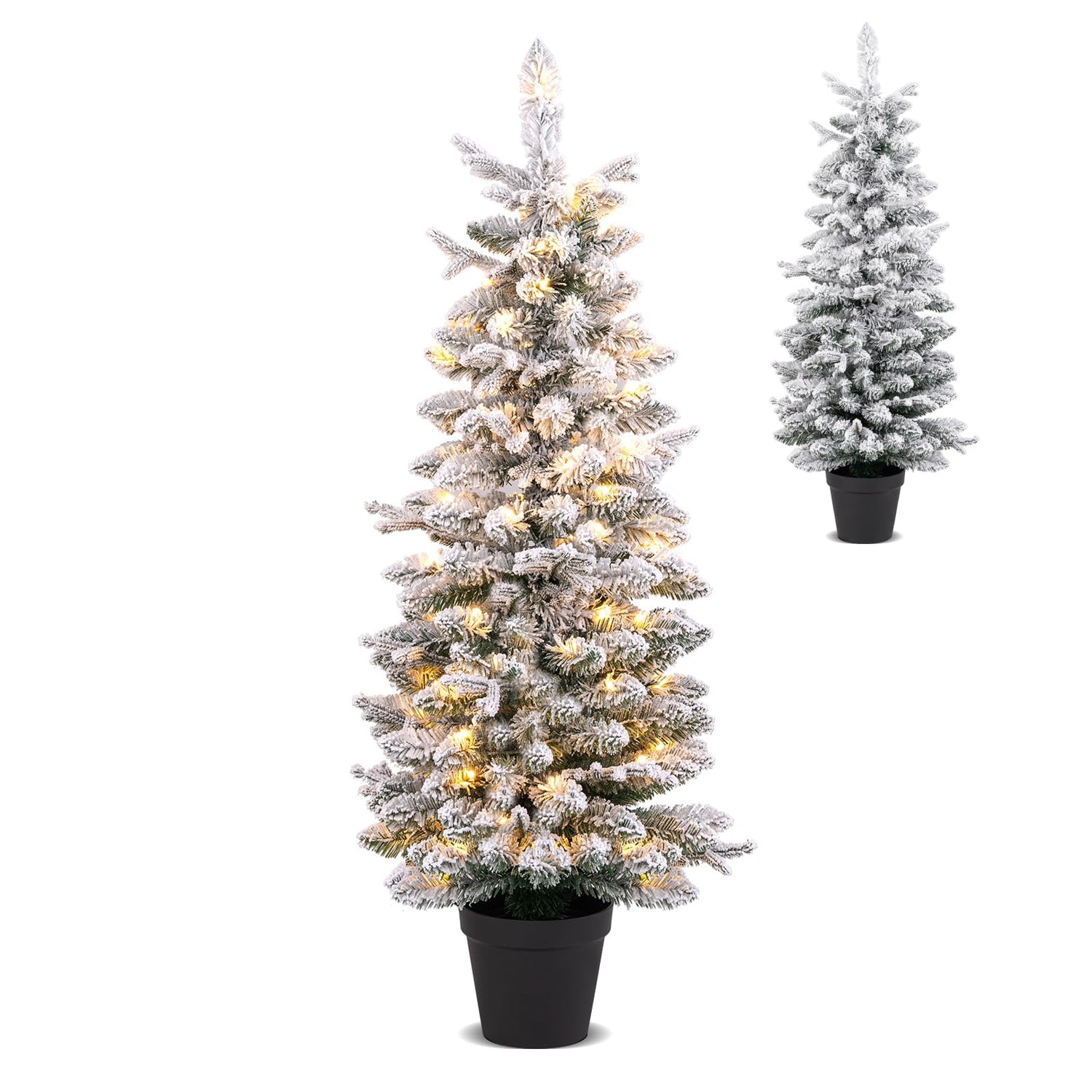 GYMAX Artificial Snow Flocked Xmas Tree with Warm White LED Lights & 8 Lighting Modes