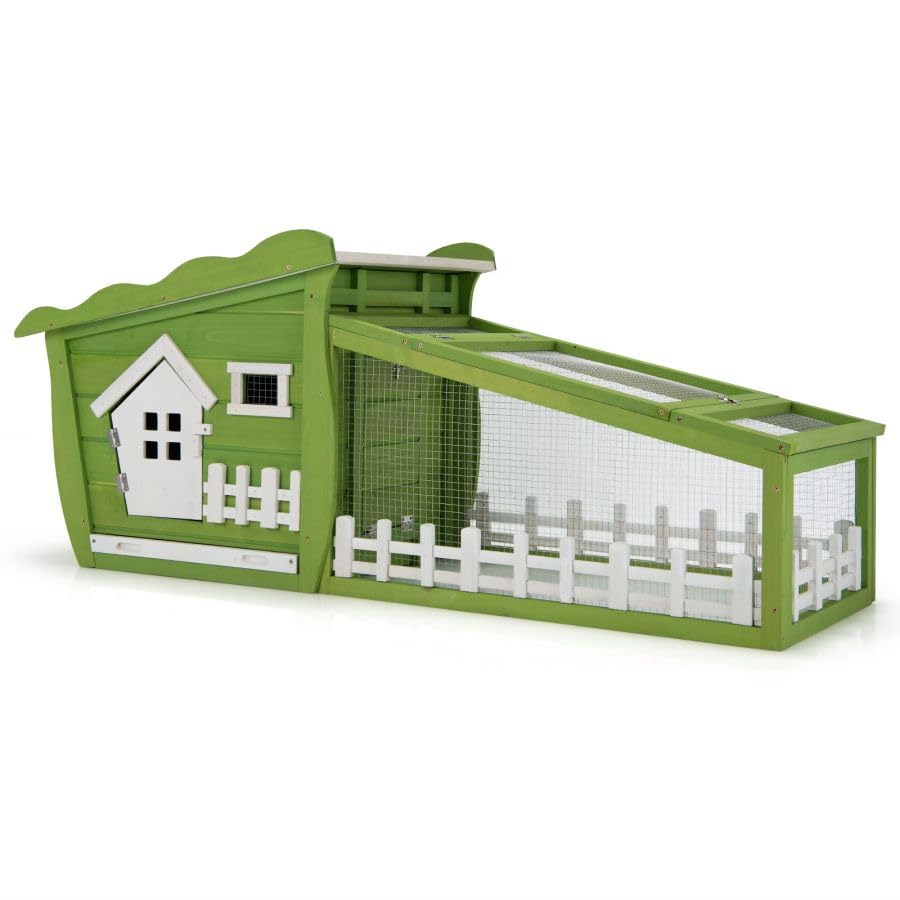 GYMAX Rabbit Hutch, 156cm Wooden Bunny Cage with Slant Asphalt Roof