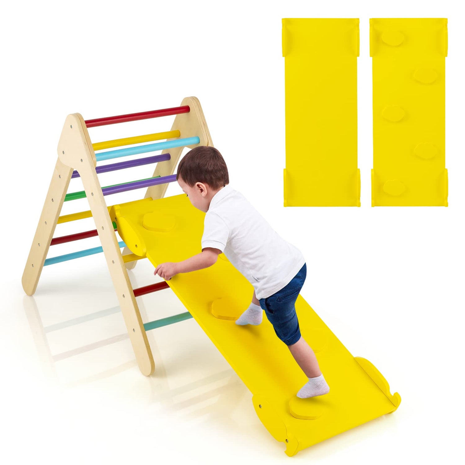 GYMAX 3 in 1 Kids Climbing Set, Wooden Toddler Climber with Reversible Ramp