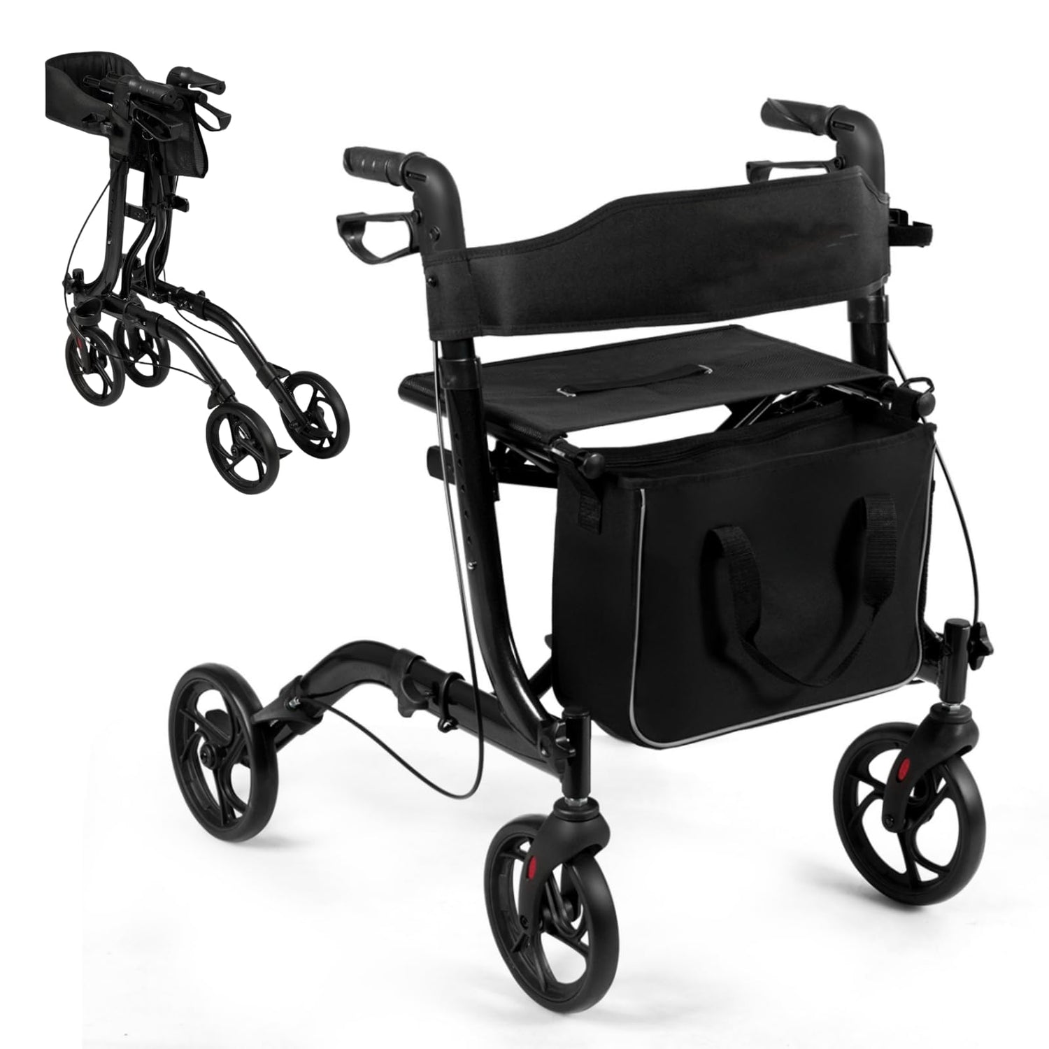 GYMAX Aluminum Walker, Foldable Four Wheels Medical Rollator with Seat & Carrying Bag