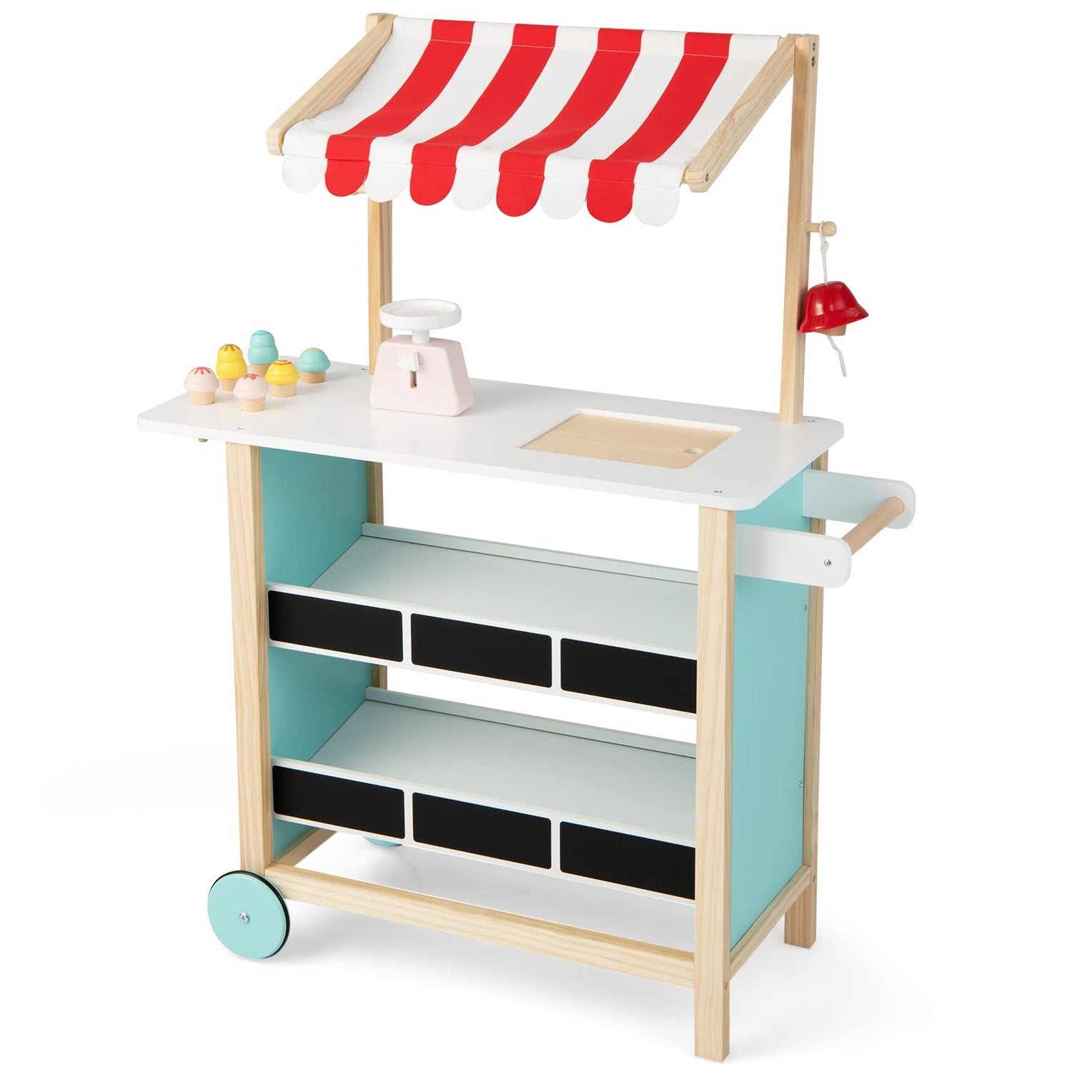 GYMAX Wooden Ice Cream Cart, Kids Pretend Play Grocery Store with 2 Wheels for 3 Year Old + Girls Boys