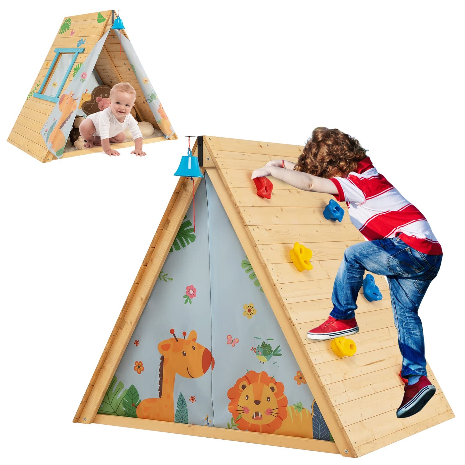 GYMAX Kids Wooden Playhouse, 2 in 1 Play Tent with Rock Climbing Wall, Ring Bell & Door Curtain