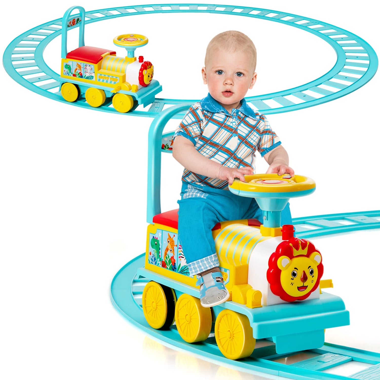 GYMAX Ride On Train with Tracks, 6V Kids Electric Car with Storage Seat, Music & Lights