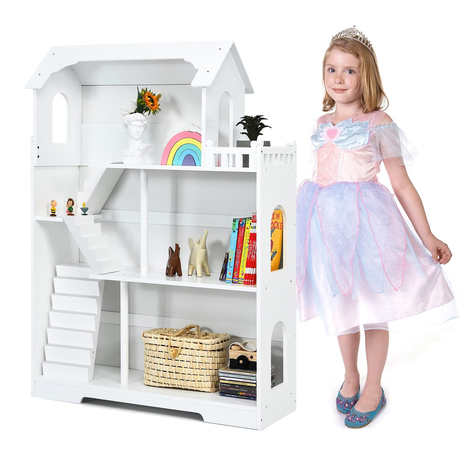 GYMAX Wooden Children Bookcase & Dollhouse with 3 Removable Stairs and 2 Columns
