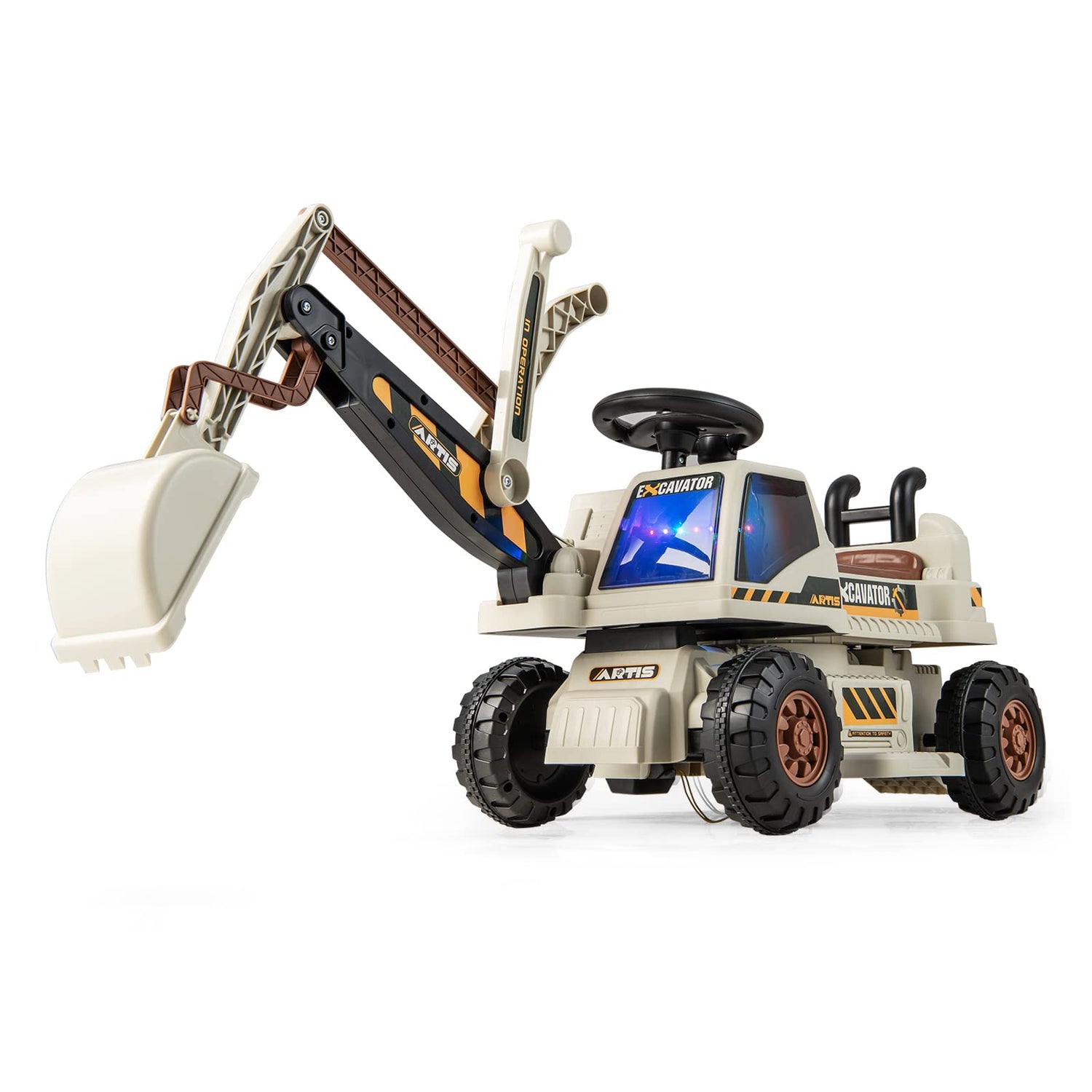 GYMAX Kids Electric Ride on Excavator, 6V Battery Powered Toy Car with Adjustable Arm & Shovel, Lights