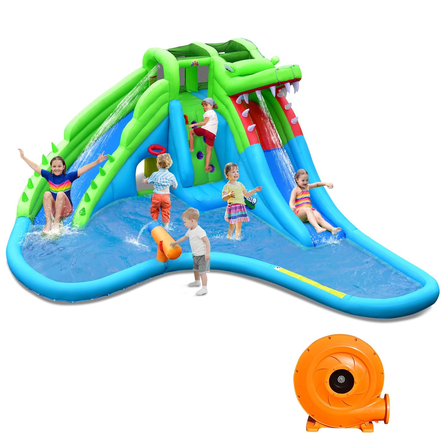 GYMAX 7 in 1 Kids Bouncy Castle with 780W Blower, Inflatable Water Park with 2 Slides