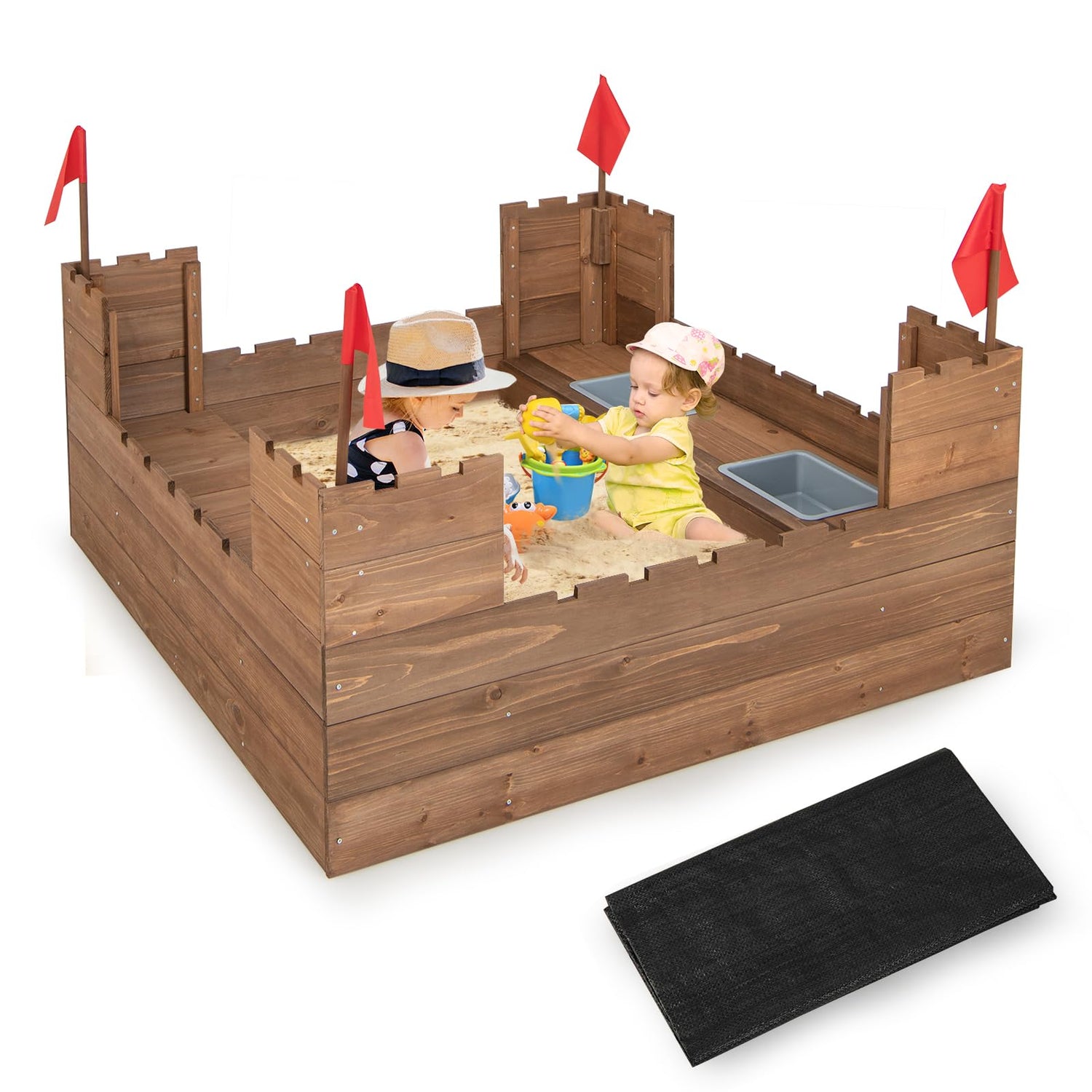 GYMAX Wooden Kids Sandbox, Children Outdoor Sandpit with Built-in Bench Seats
