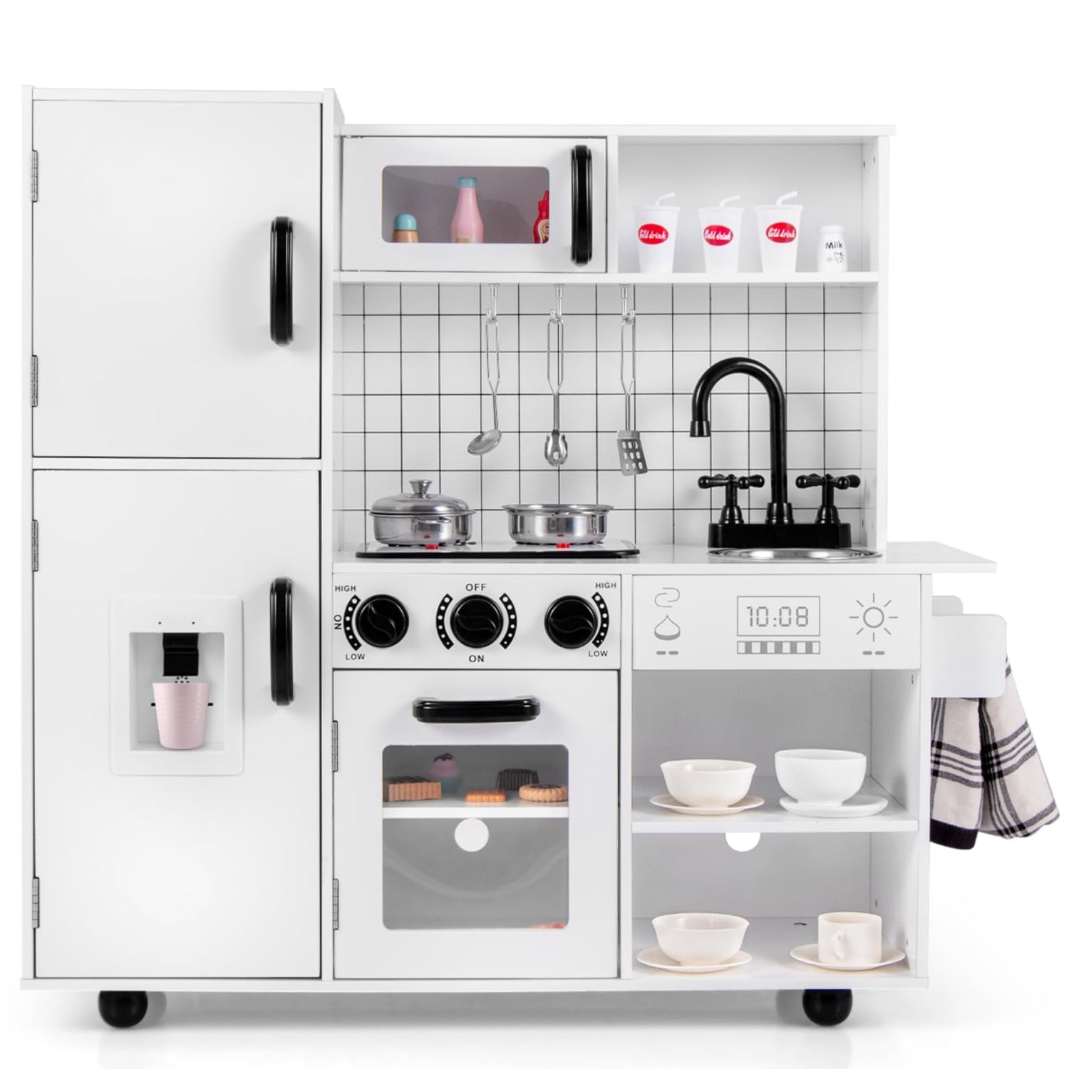 GYMAX Kids Play Kitchen, Wooden Toy Kitchen with Stoves, Sink, Lights, Sounds, Water Dispenser
