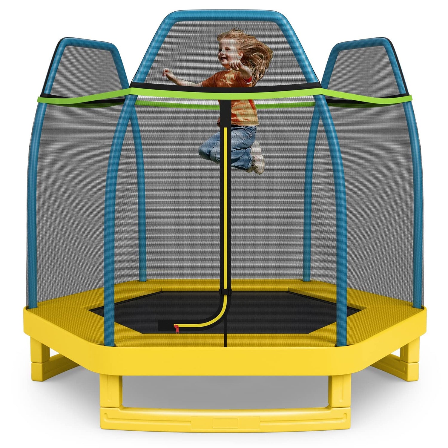 GYMAX 7FT Kids Trampoline, Indoor Outdoor Jumping Trampoline with Safety Enclosure Net, Mini Trampoline for Children