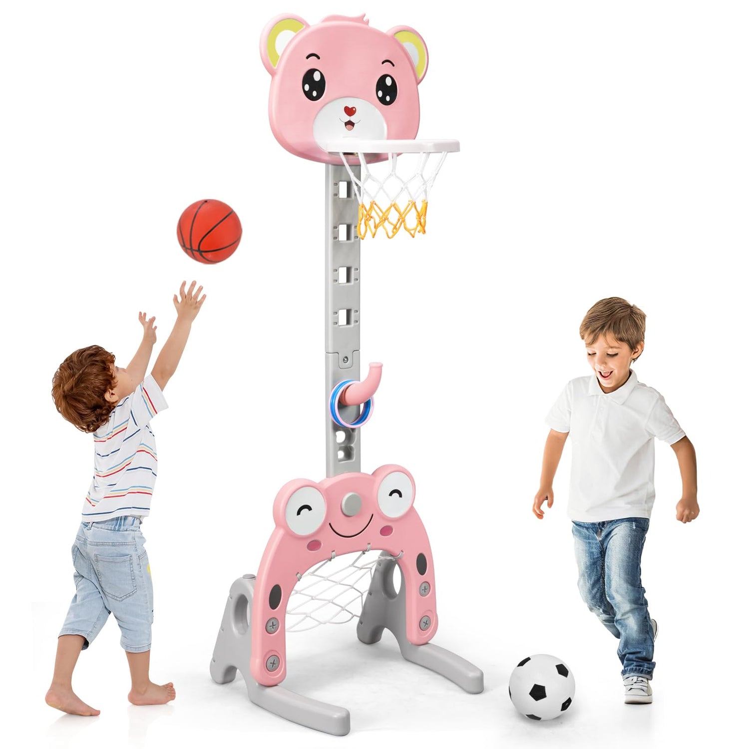 GYMAX 3-in-1 Height Adjustable Basketball Stand with Football Goal and Ring Toss