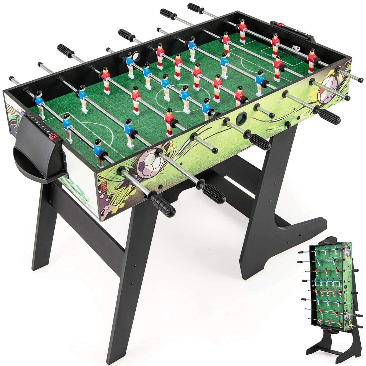 GYMAX Foldable Football Table, 107x60cm Freestanding Foosball Table with 26 Football Players