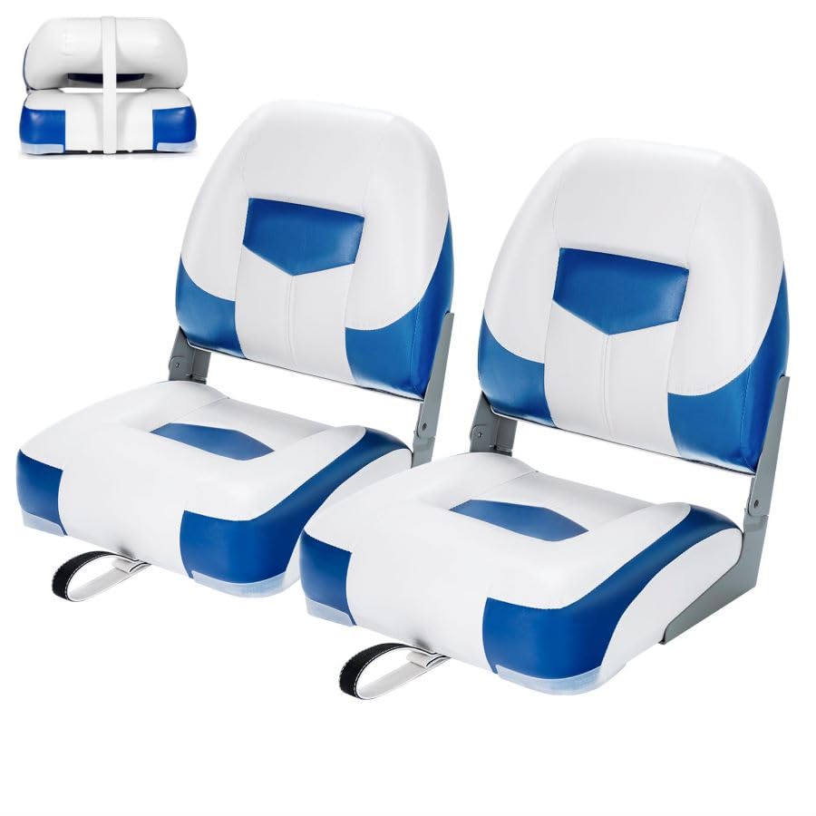 GYMAX Set of 2 Deluxe Folding Boat Seats, Faux Leather Low Back Captain Chairs with Metal Hinges & Fixing Strap