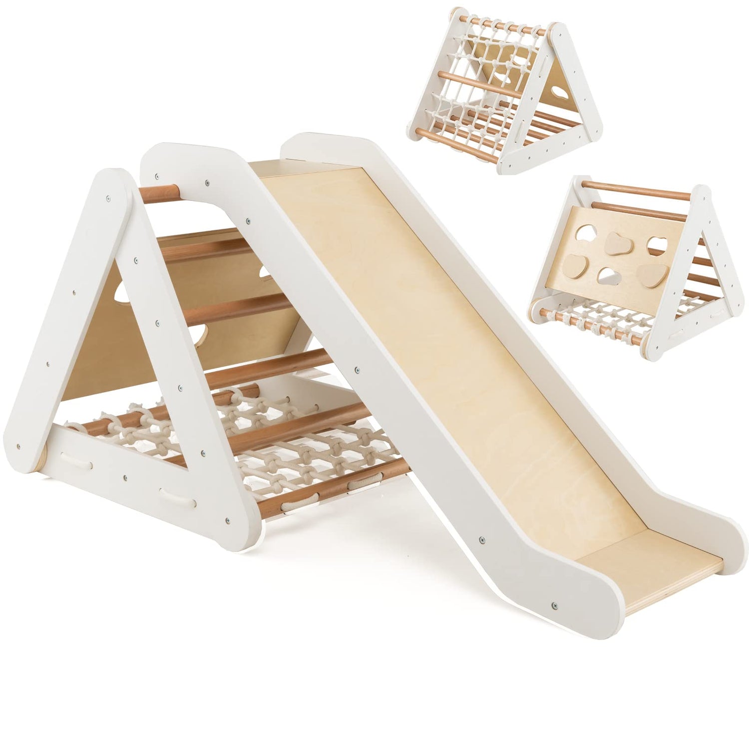 GYMAX 4 in 1 Kids Climbing Set, Wooden Toddler Climber with Slide, Outdoor Indoor 3 Sides Climbing Frame