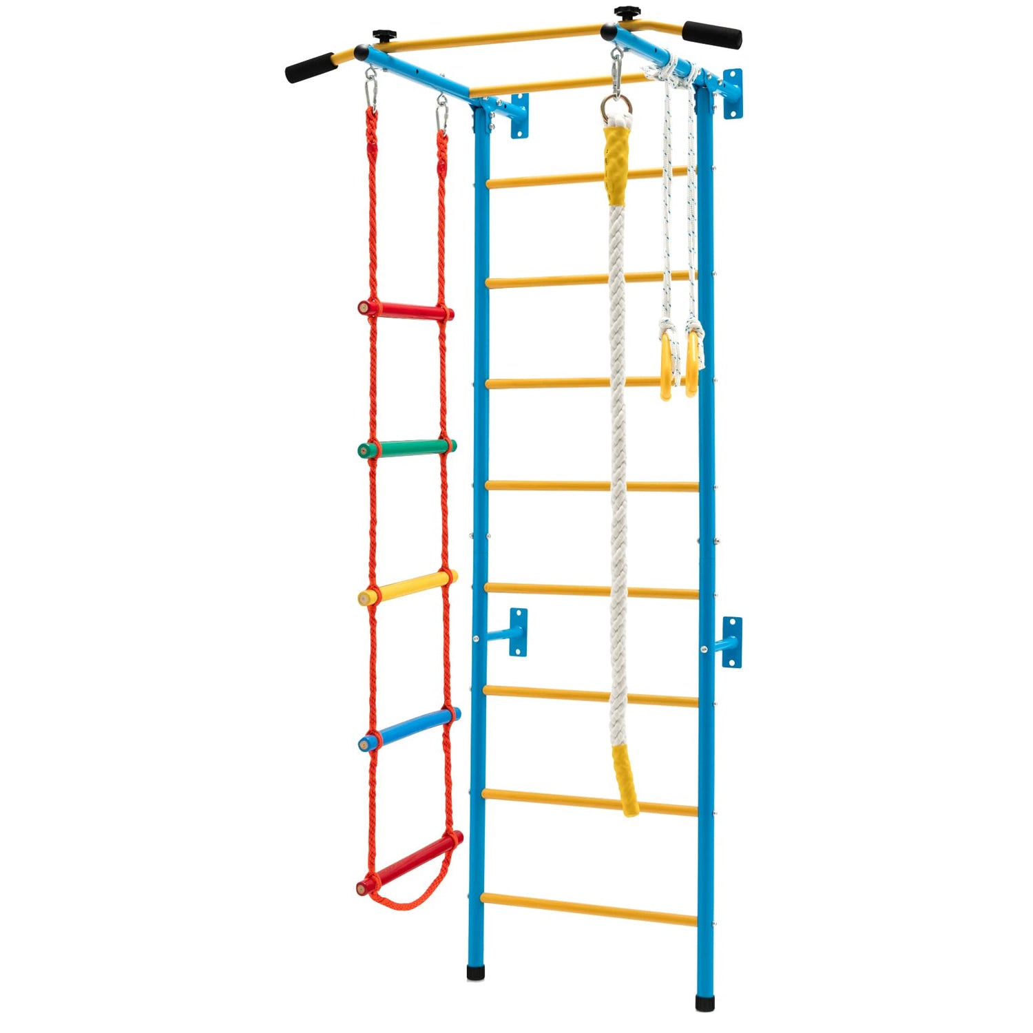 GYMAX Swedish Ladder Wall Set, 5 in 1 Gymnastics Wall Bar with Pull-Up Bar, Rope Ladder