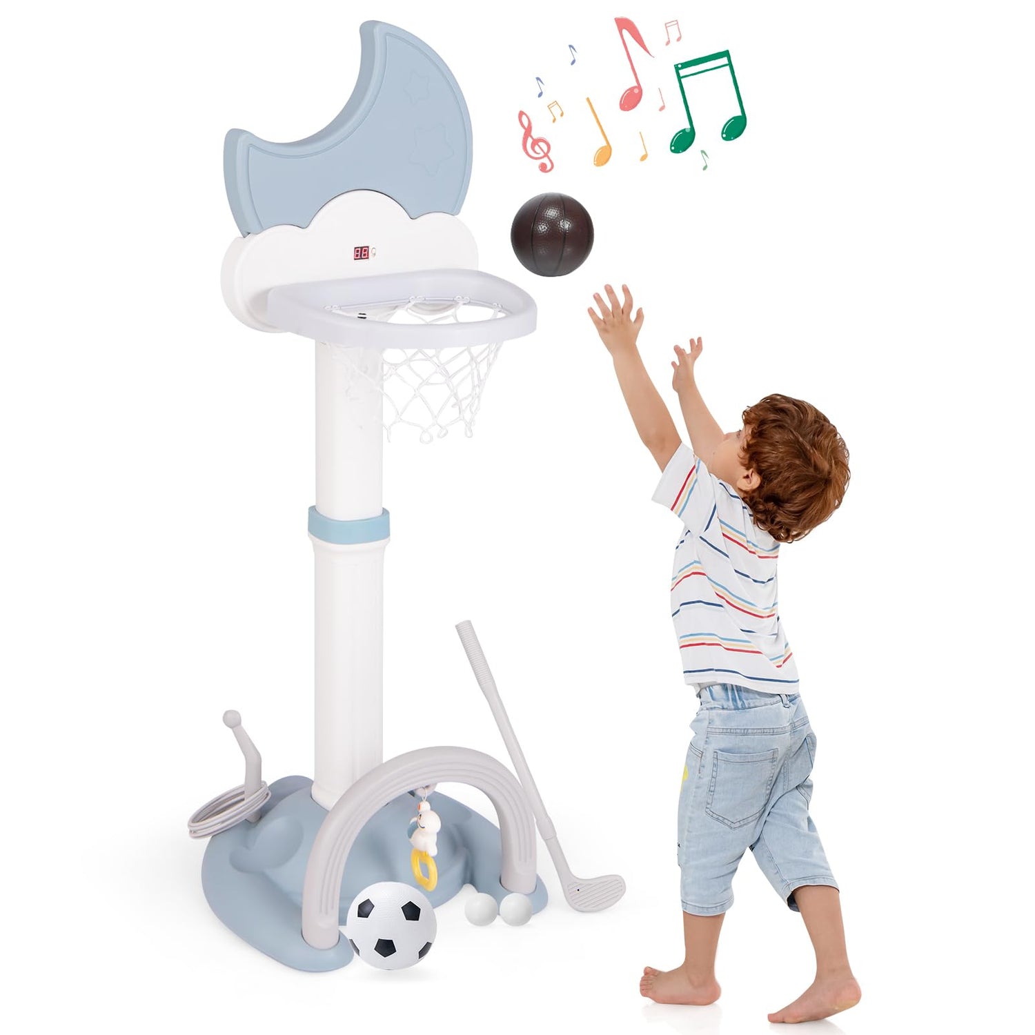 GYMAX Kids Basketball Hoop, 4 in 1 Height Adjustable Basketball Stand with Electronic Scoreboard