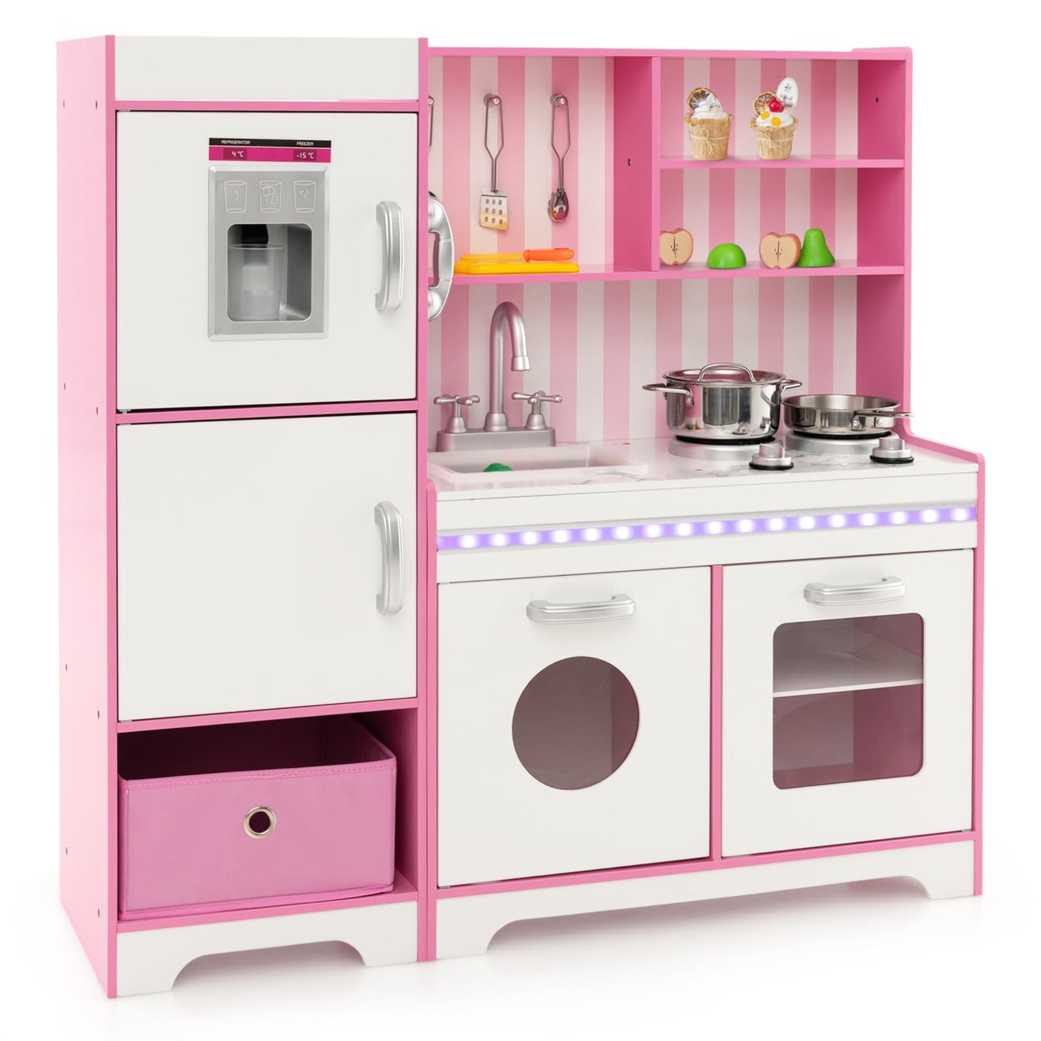 GYMAX Kids Play Kitchen, Wooden Kitchen Playset with Adjustable LED Lights, Ice Maker, Telephone