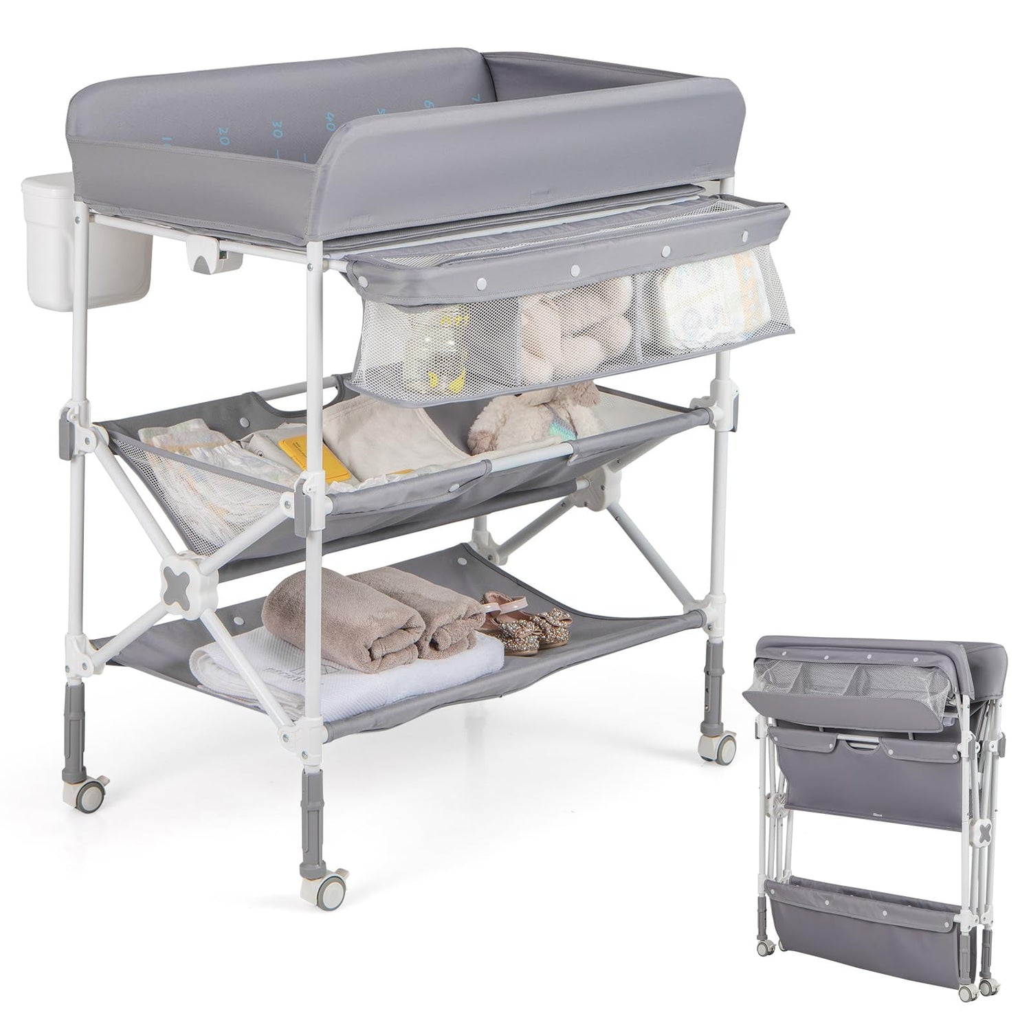 GYMAX Folding Baby Changing Table, Height Adjustable Newborn Nursery Care Station with Storage Basket