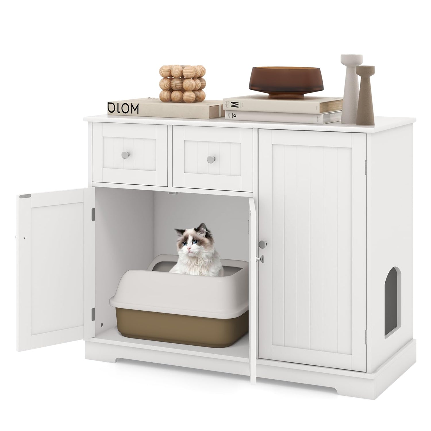 GYMAX Cat Litter Box Enclosure, Wooden Pet Cabinet Furniture with Hidden Cat Washroom and 2 Drawers