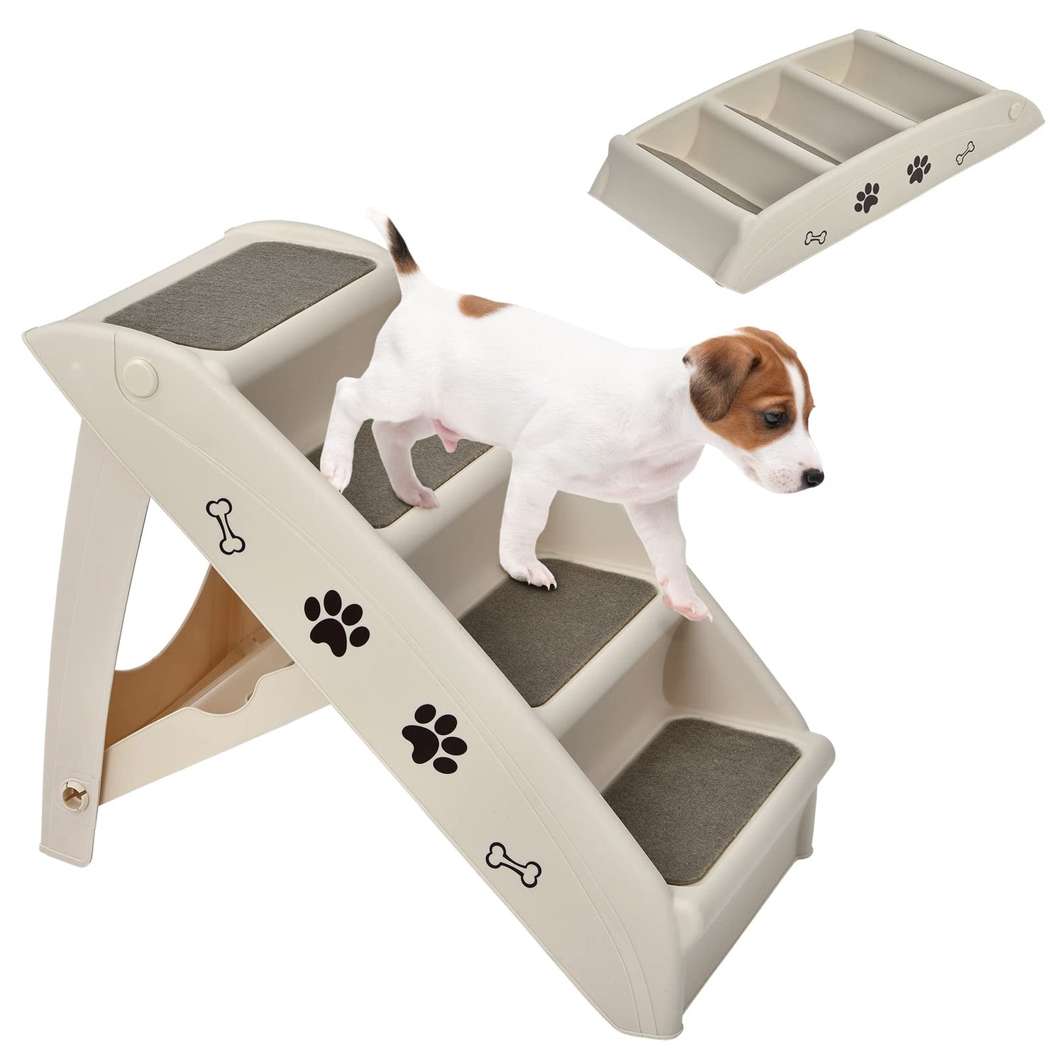 GYMAX Foldable Dog Step, Lightweight Access Pet Stairs with Cute Paw Pattern and Soft Felt
