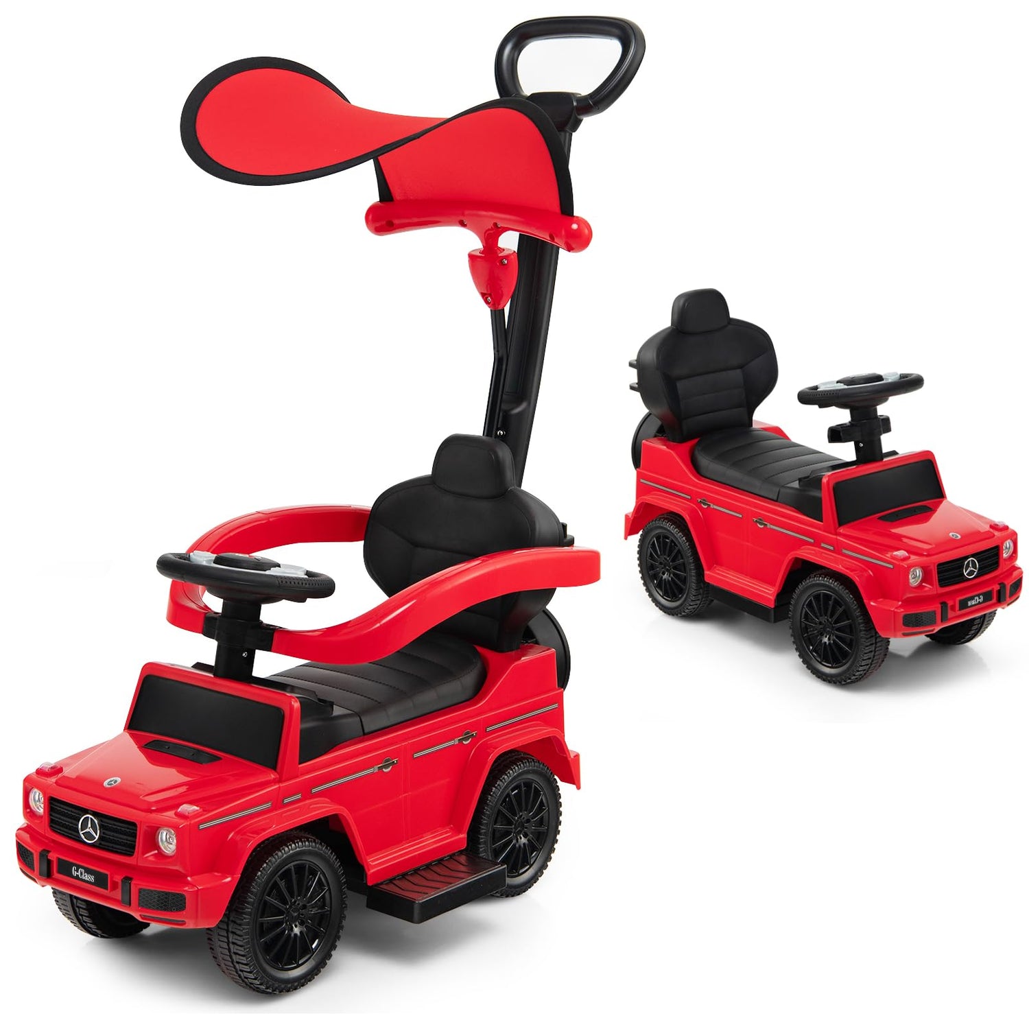 GYMAX 3 in 1 Kids Ride on Push Car, Licensed Mercedes Benz Push Along Car with Handle, Guardrails