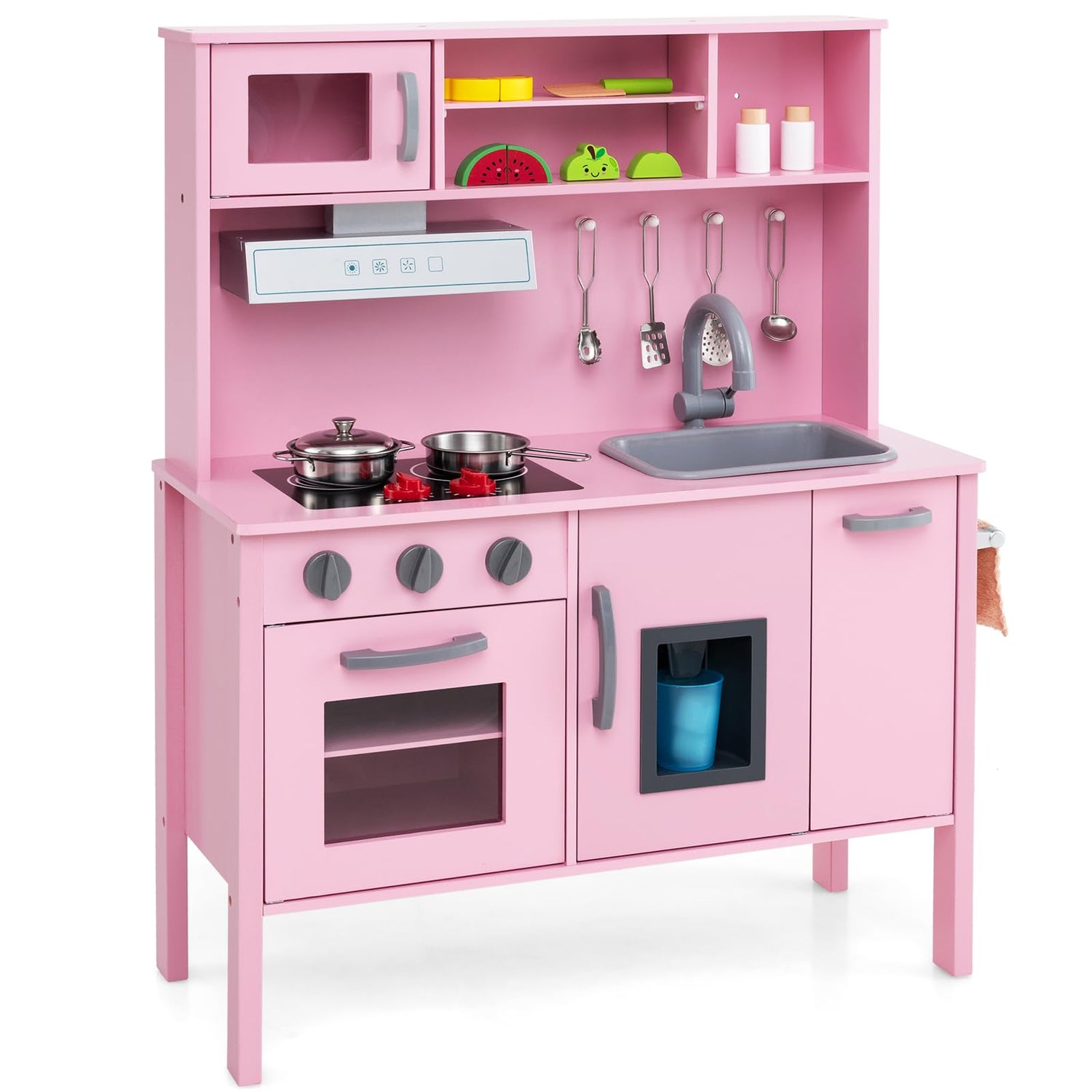 GYMAX Kids Play Kitchen, Children Toy Kitchen with Stoves, Microwave, Range Hood, Oven, Pink