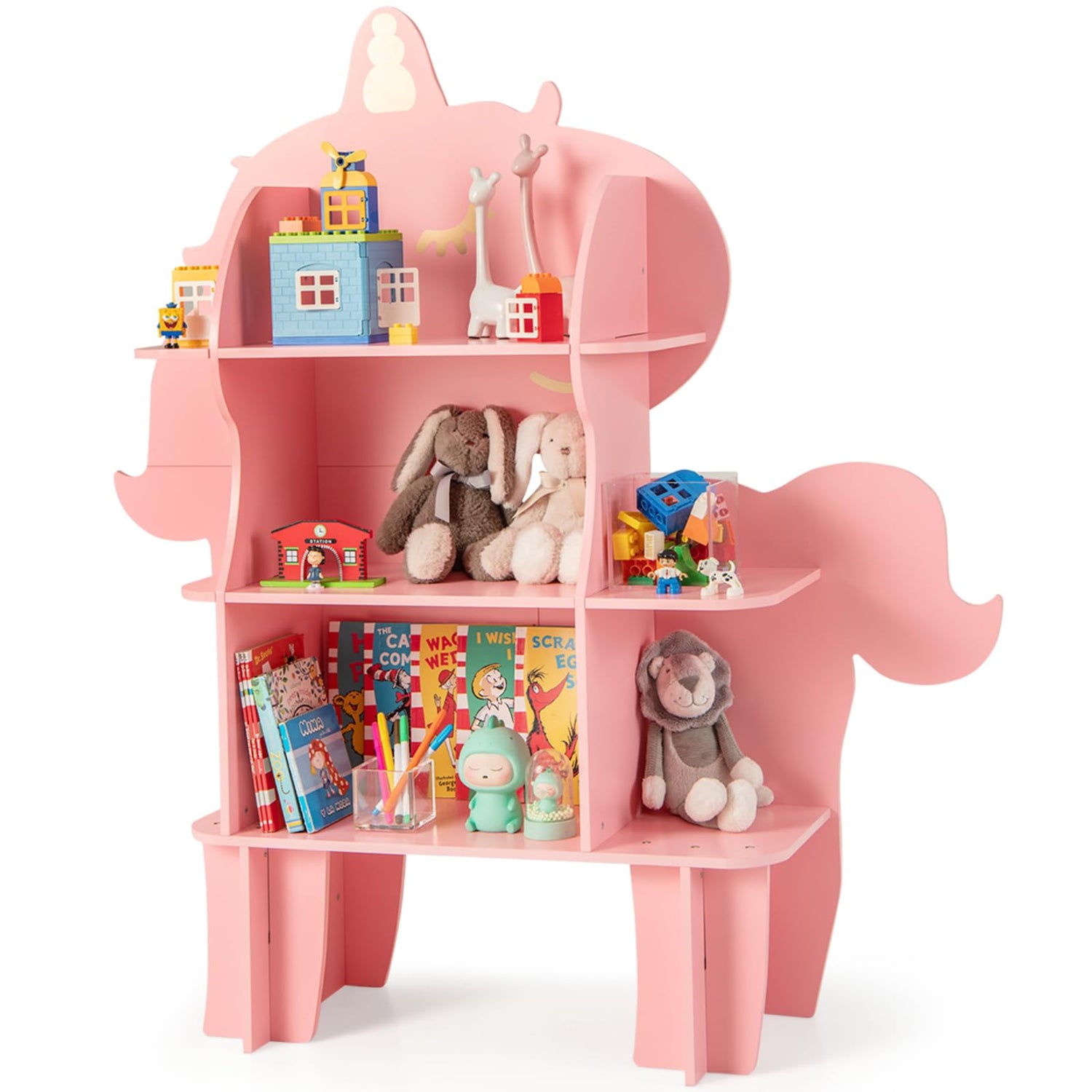 GYMAX Kids Storage Shelf, Wooden Children Bookshelf with Anti-Tipping Device