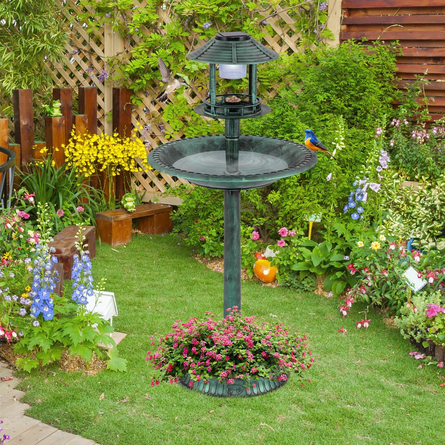 GYMAX Bird Bath Feeding Station, 4 in 1 Freestanding Bird Feeding Table with Solar Powered Light