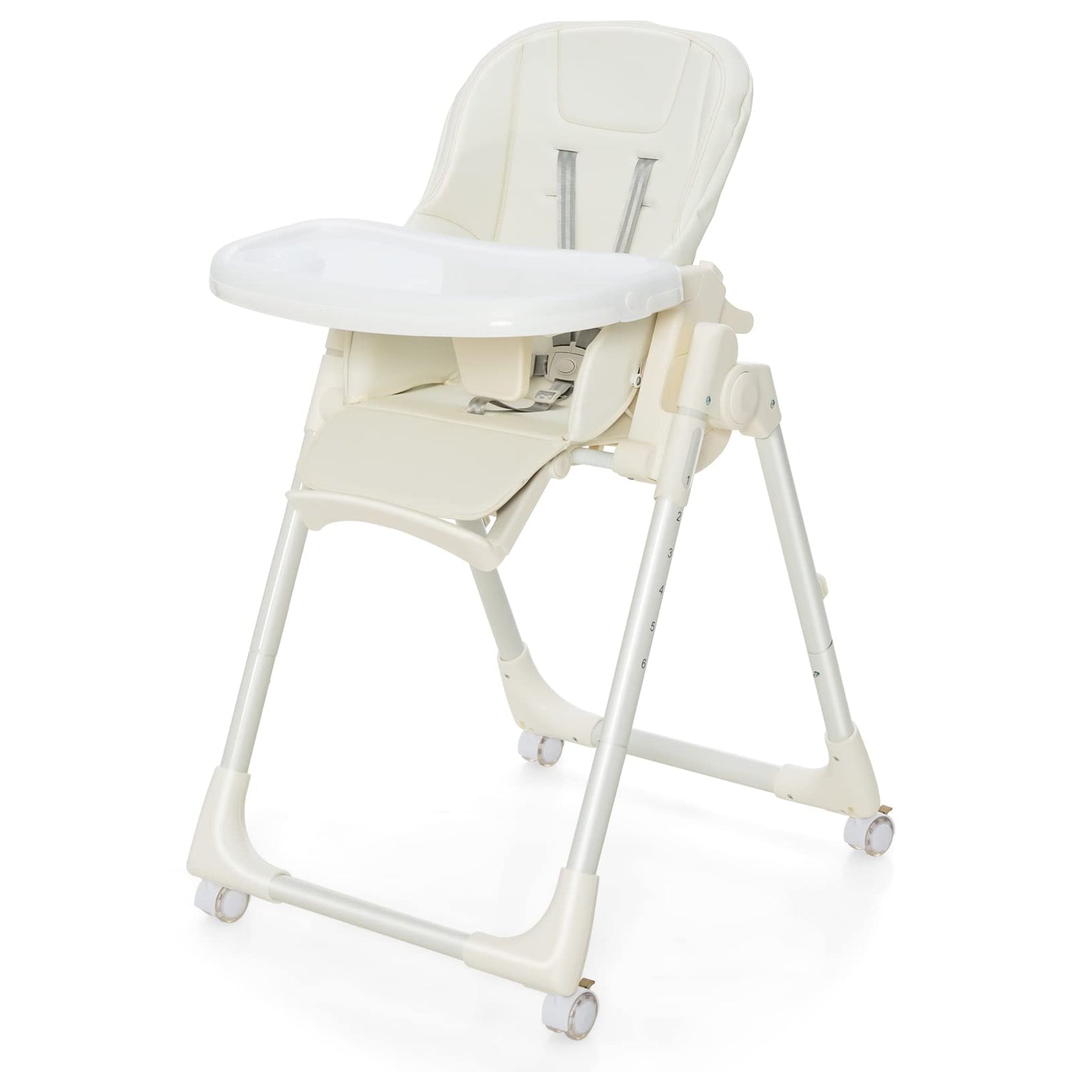 GYMAX Foldable Baby Highchair, Adjustable Toddler High Chair with Lockable Wheels (Beige)