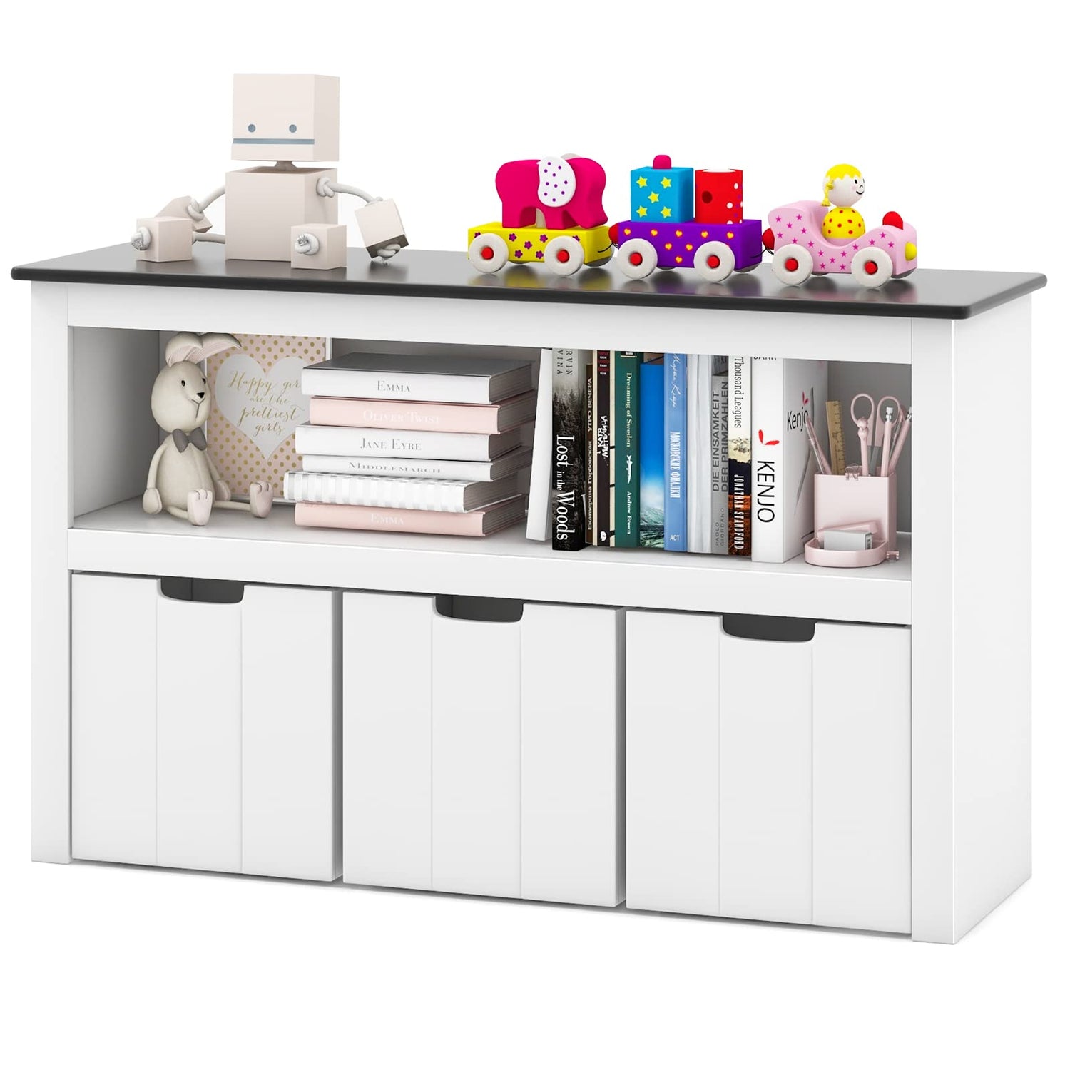 GYMAX Kids Storage Cabinet, Children Bookcase with Drawers & Large Open Shelf