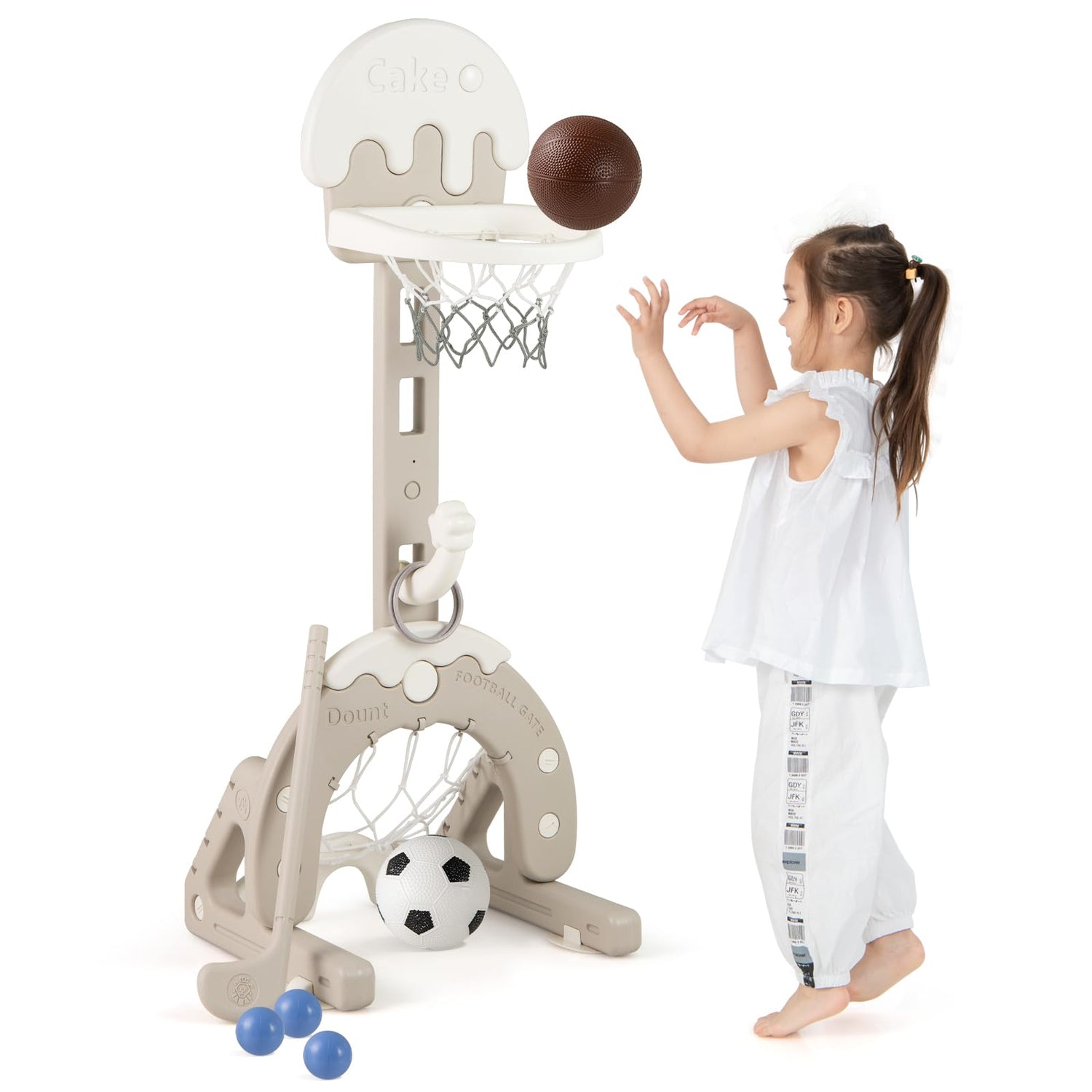 GYMAX 4 in 1 Height Adjustable Basketball Stand with Football Goal, Golf Set & Ring Toss