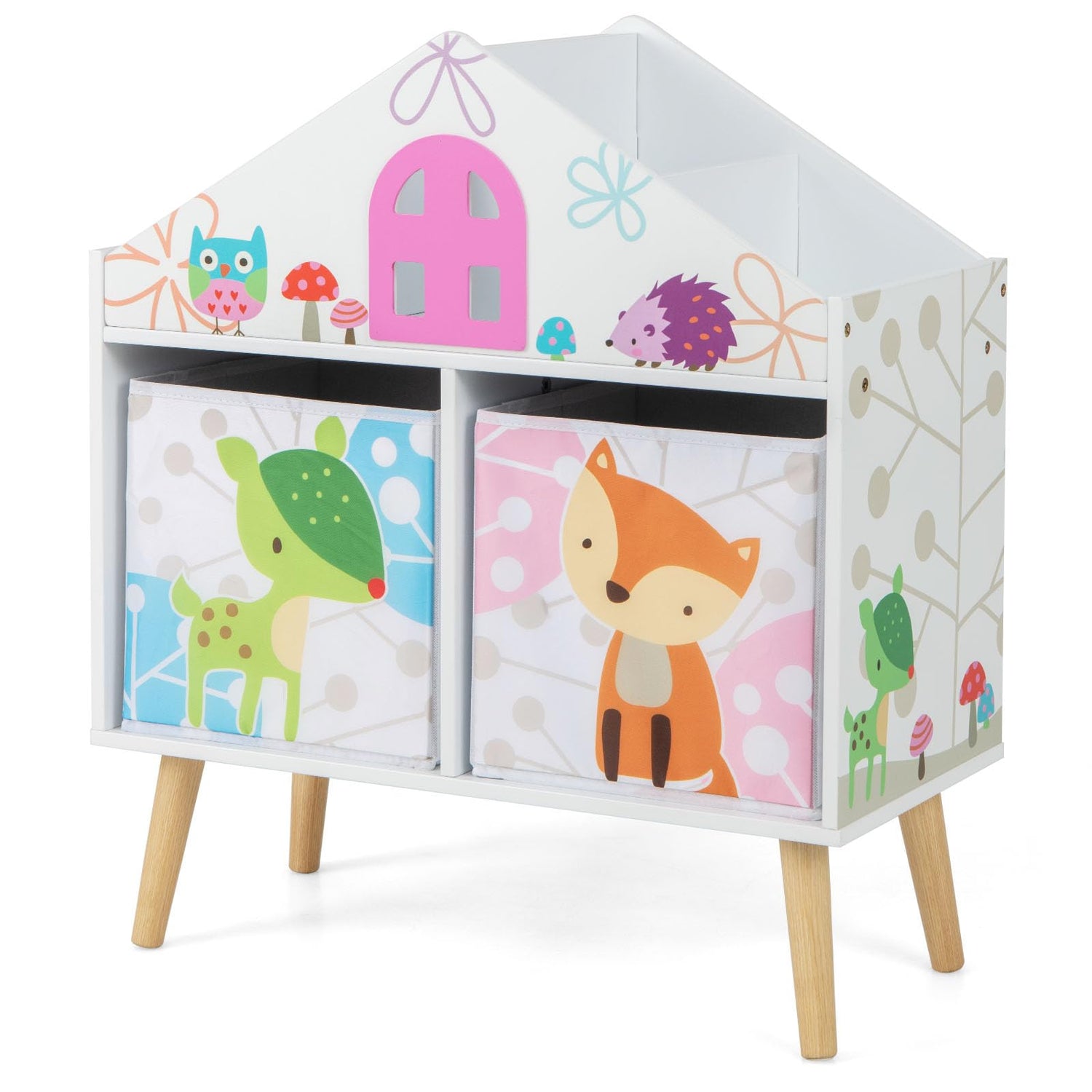 GYMAX Toy Storage Organizer, Wooden Kids Bookcase with 2 Fabric Bins & Solid Wood Legs