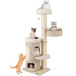 GYMAX Wooden Cat Tree, 154cm Cat Climbing Tower with Sisal Scratching Posts & Board