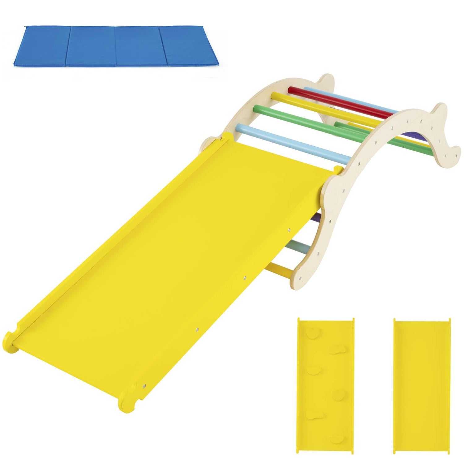 GYMAX 3 in 1 Kids Climbing Set, Indoor Climbing Arch with Reversible Ramp & Mat, Wooden Toddler Climber Frame for Playroom