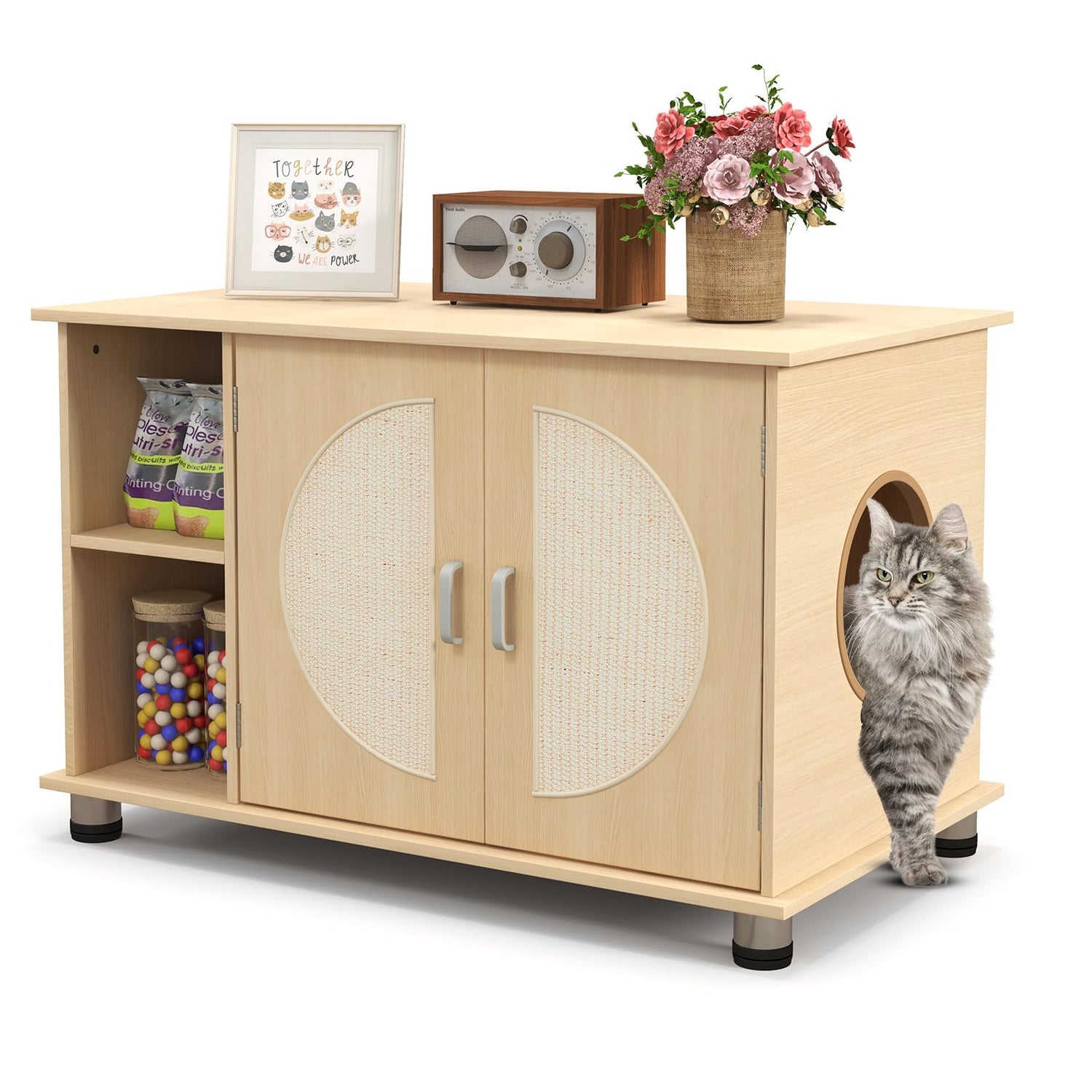 GYMAX Cat Litter Box Enclosure, Wooden Hidden Kitty Washroom Storage Bench