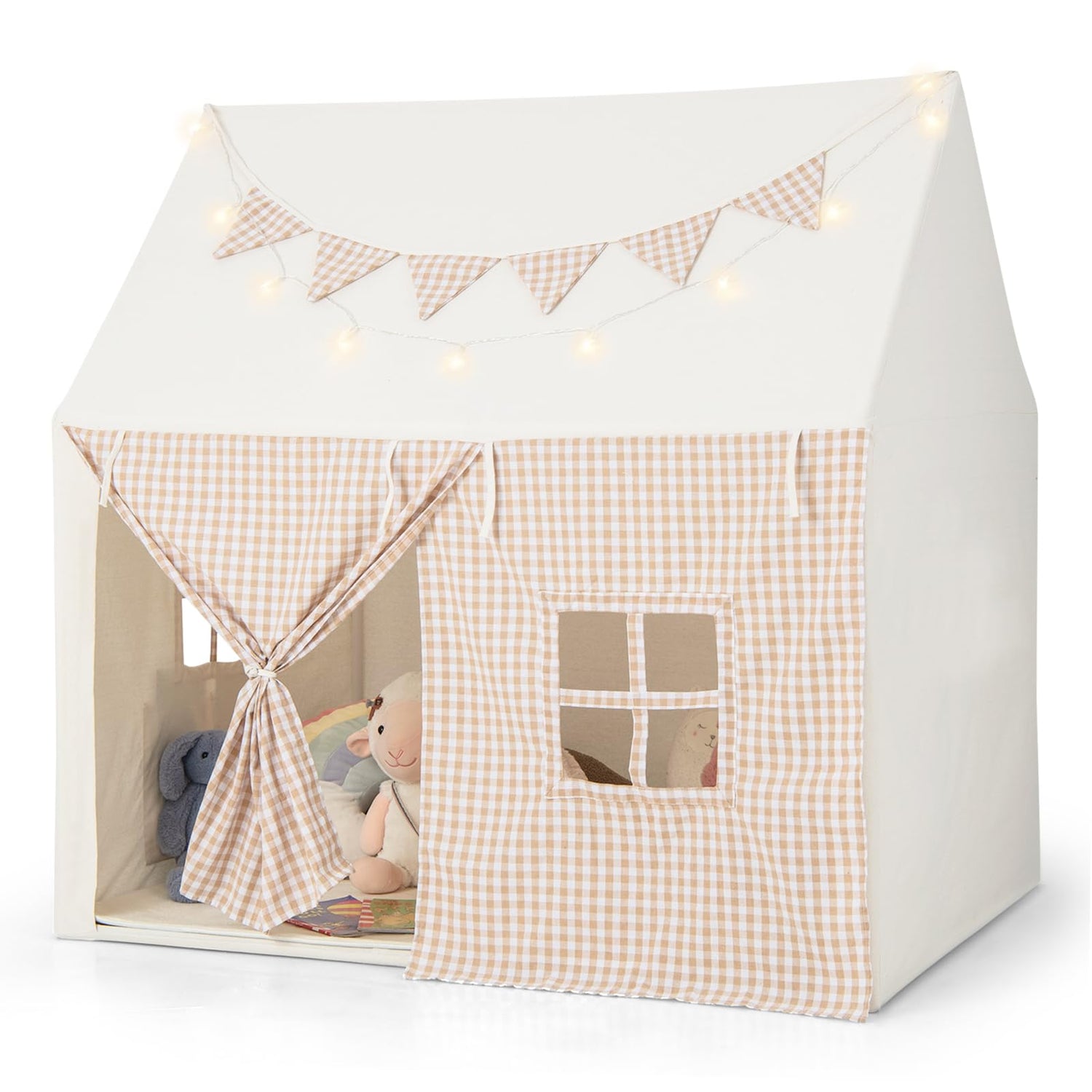 GYMAX Kids Tent, Large Play Tent with Padded Mat, Star Lights, Flags, Windows & Storage Pockets