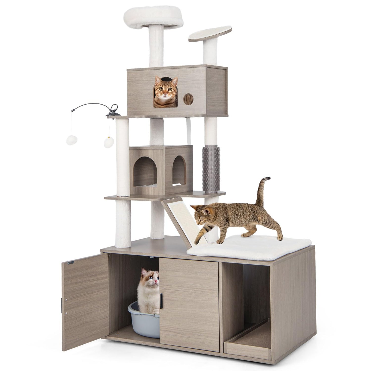 GYMAX Cat Tree with Litter Box Enclosure, All-in-one Cat Tower with Condos, Top Perch(95x55x173cm)