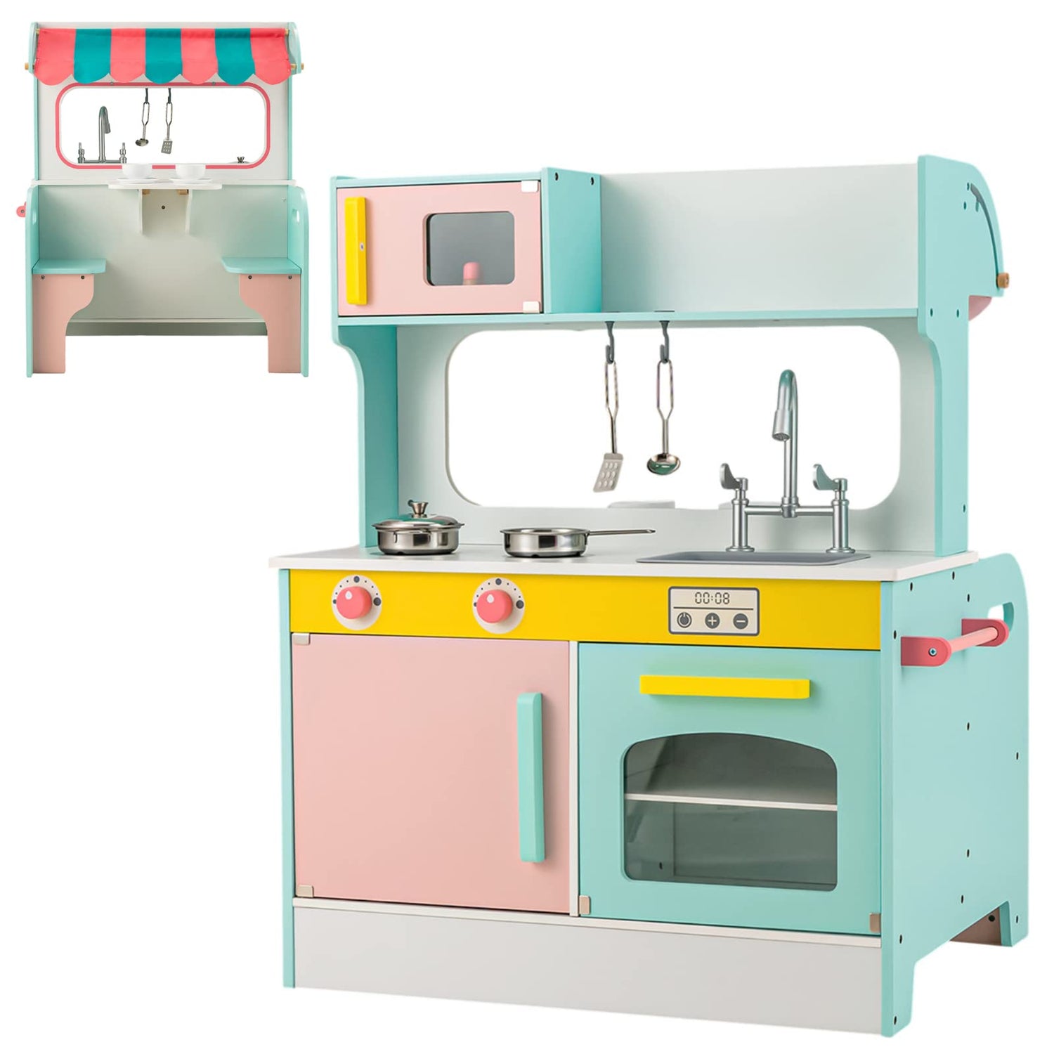 GYMAX Kids Play Kitchen, 2 in 1 Wooden Toy Kitchen with Oven, Stove, Sink, Cookware Accessories (Pink+Blue)