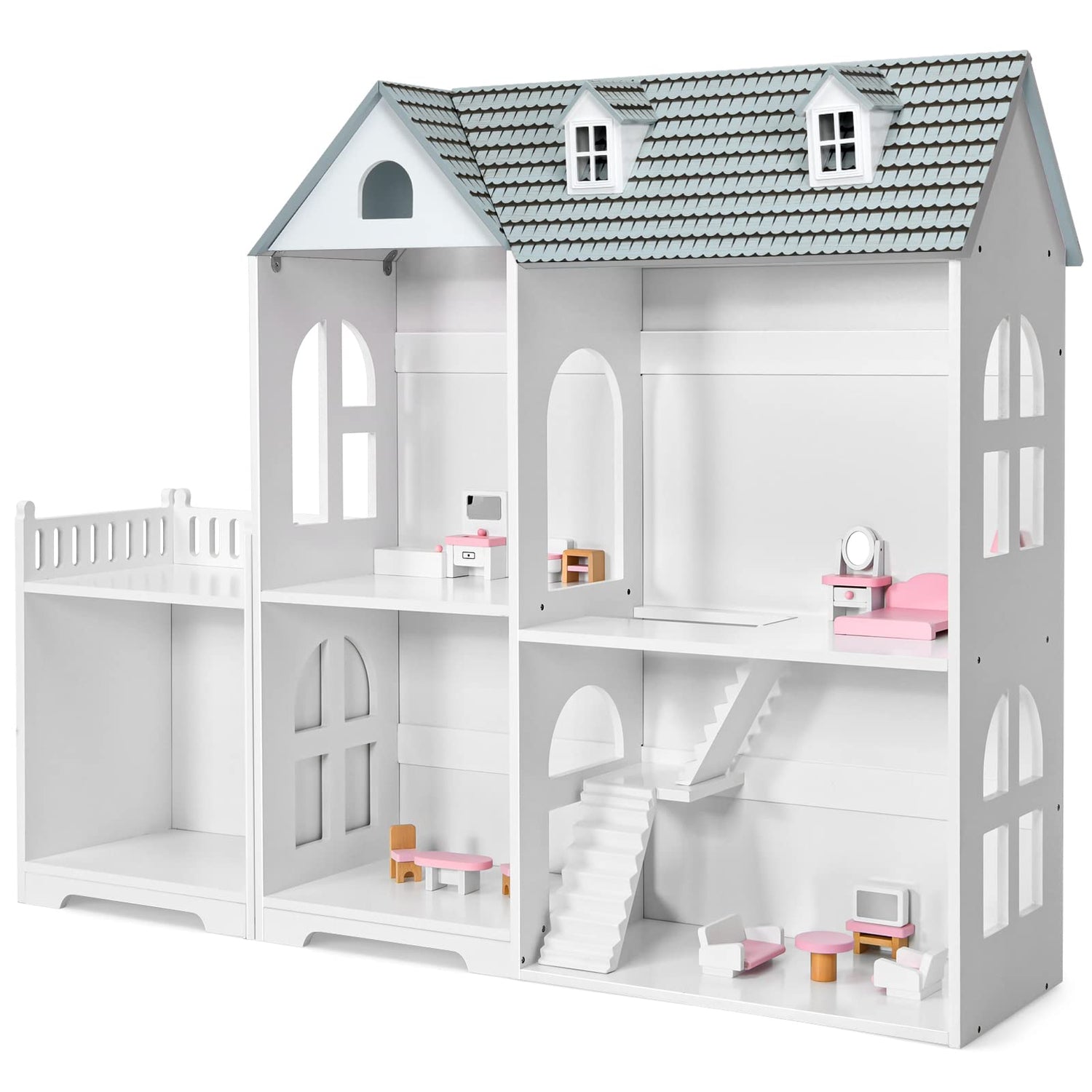 GYMAX 2 in 1 Kids Dollhouse, Children Bookcase & Wooden Dolls House with 14 Furniture Accessories