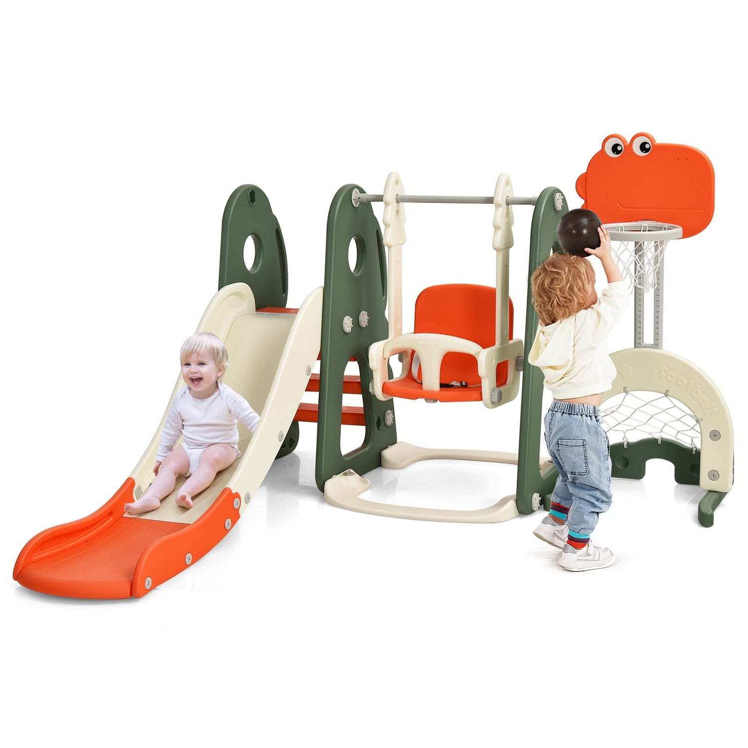 GYMAX Toddler Swing and Slide Set, 6 in 1 Children Climber and Swing Set with Adjustable Basketball Hoop, 173 x 191 x 120 cm